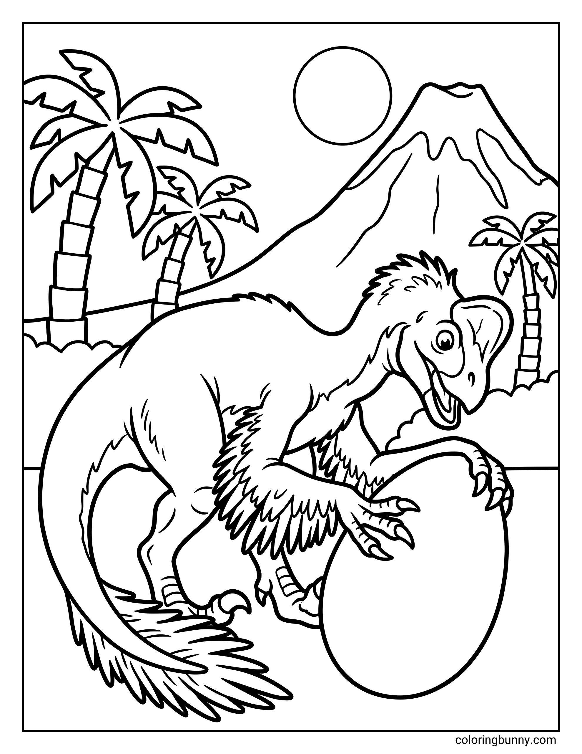 An Oviraptor dinosaur coloring page showing a feathered Oviraptor holding a large egg in a Jurassic landscape, with palm trees, a volcano, and a round sun in the background, drawn in bold, clean outlines.