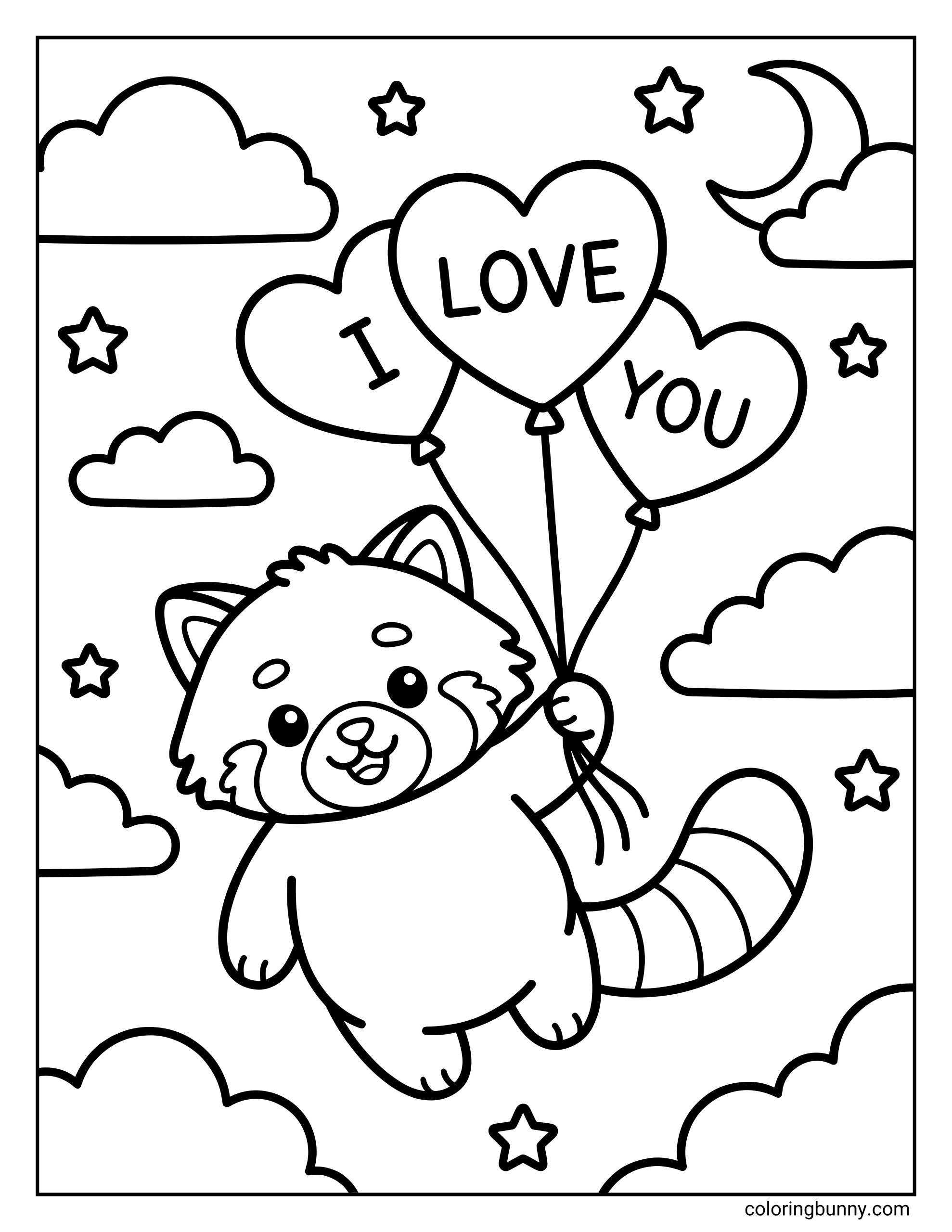 Valentines Day coloring page featuring a cute red panda floating in the sky holding three heart-shaped balloons with the text 'I LOVE YOU' surrounded by stars, clouds, and a moon.