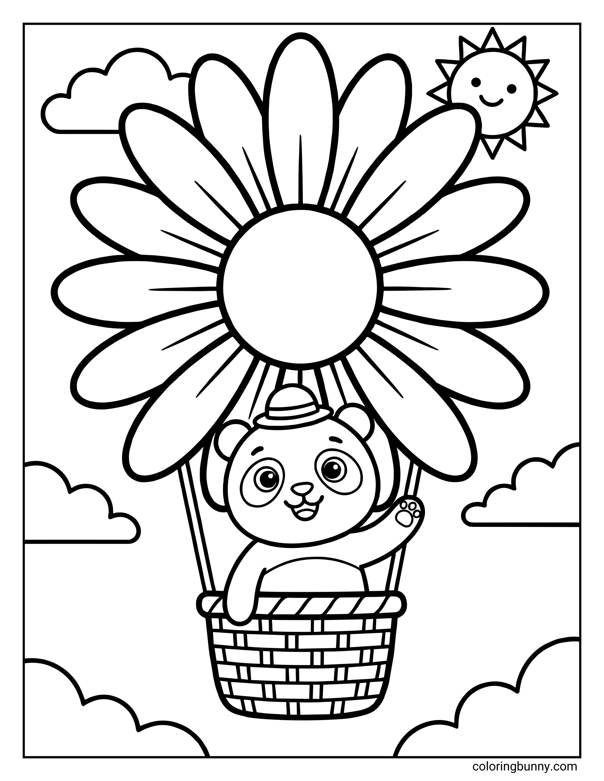 A cute flower coloring page showing a smiling panda bear riding in a hot air balloon shaped like a giant flower, floating among fluffy clouds with a happy sun in the sky, drawn in bold, kid-friendly outlines.