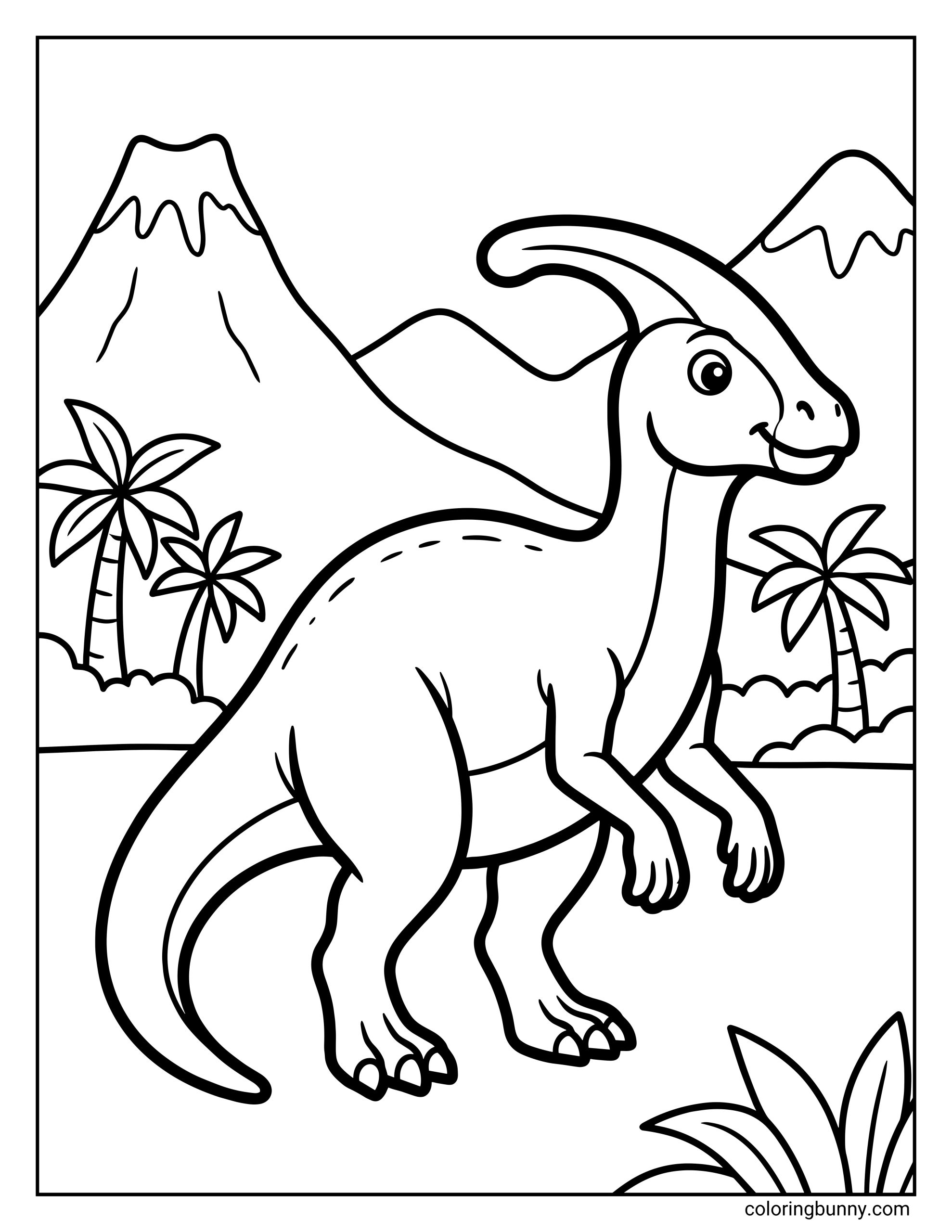 A friendly Parasaurolophus dinosaur coloring page set in a Jurassic landscape with palm trees, mountains, and a smiling dinosaur standing on two legs.