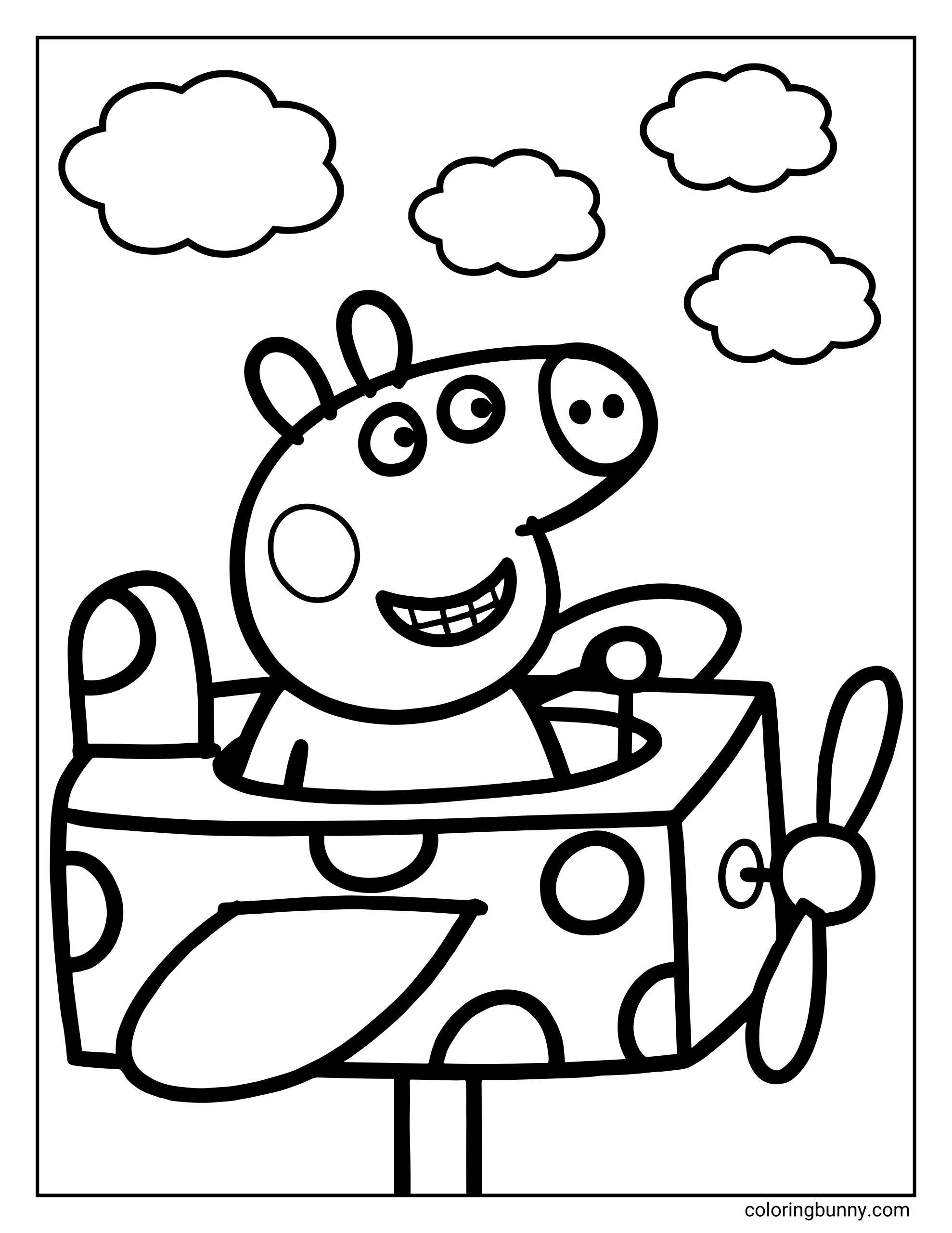 A Peppa Pig coloring page showing Peppa Pig smiling while sitting inside a small airplane with a rectangular body, circular shapes, a front propeller, and wings extending from the sides. She appears to be enjoying the ride. The background includes several fluffy clouds in the sky.