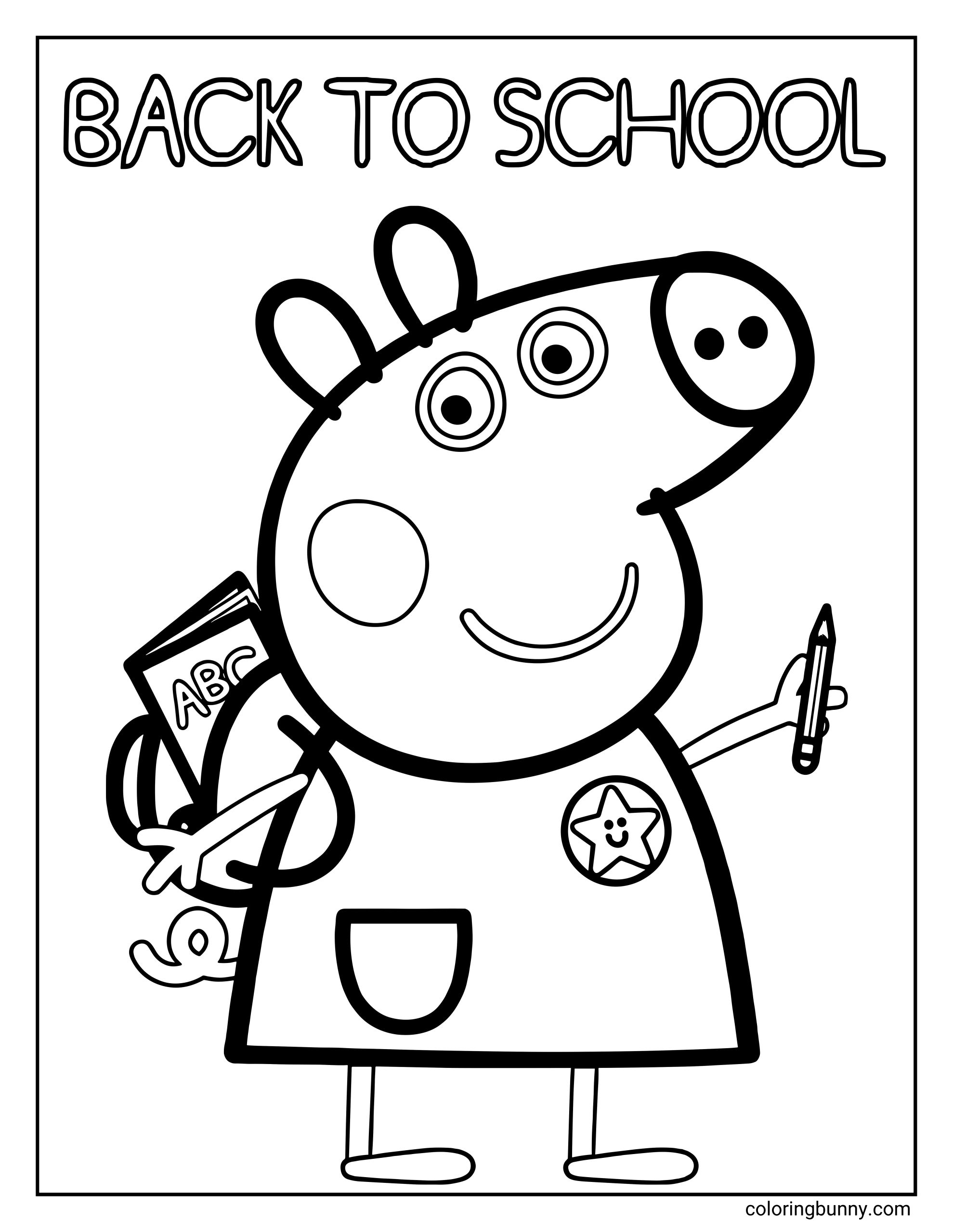 A Peppa Pig back to school coloring page showing Peppa Pig smiling and holding a pencil, wearing a backpack with an “ABC” book visible, a star badge on her dress, and the words “BACK TO SCHOOL” written in large bubble letters at the top.