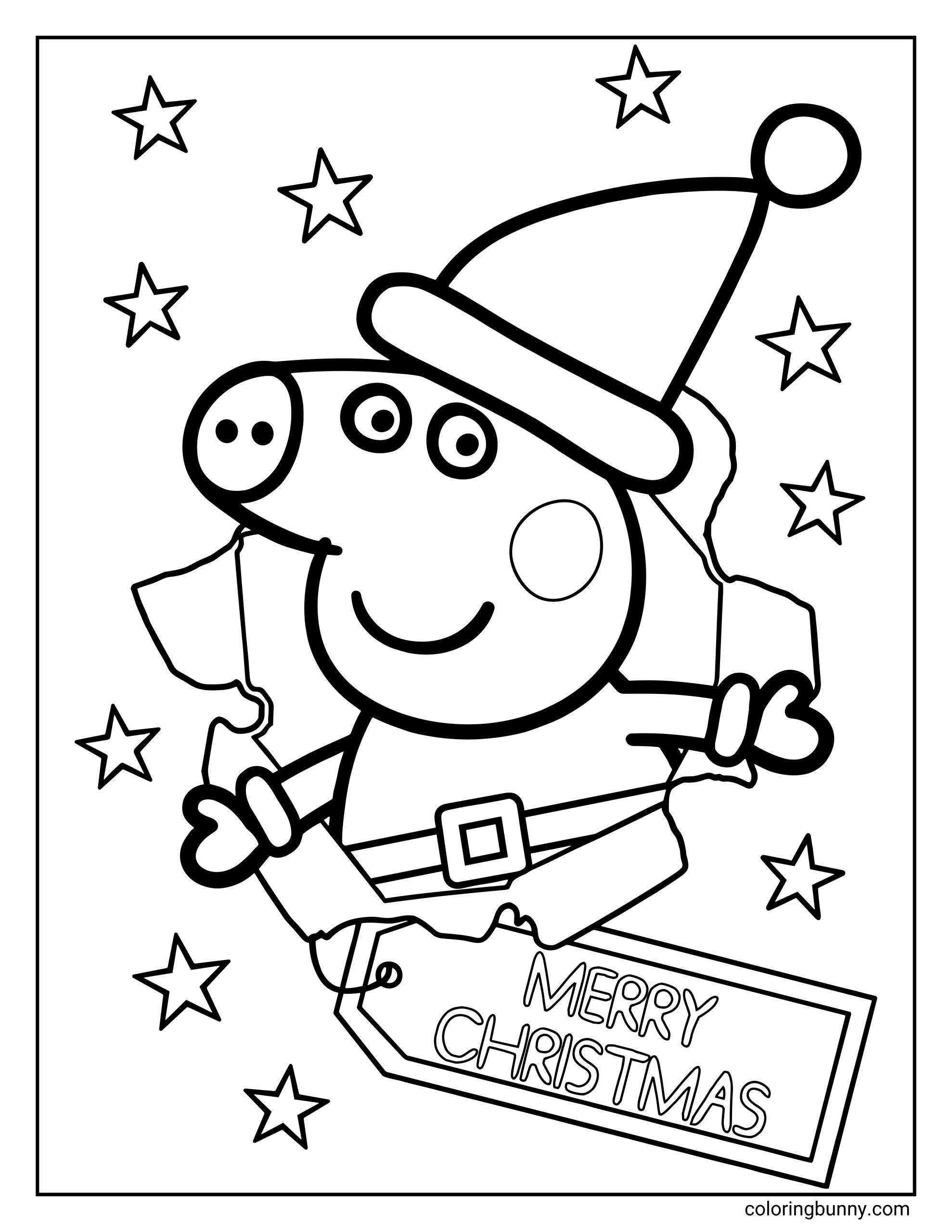 A Peppa Pig Christmas coloring page showing Peppa Pig wearing a Santa hat and festive outfit while holding wrapping paper and a gift tag that reads “MERRY CHRISTMAS,” surrounded by stars.