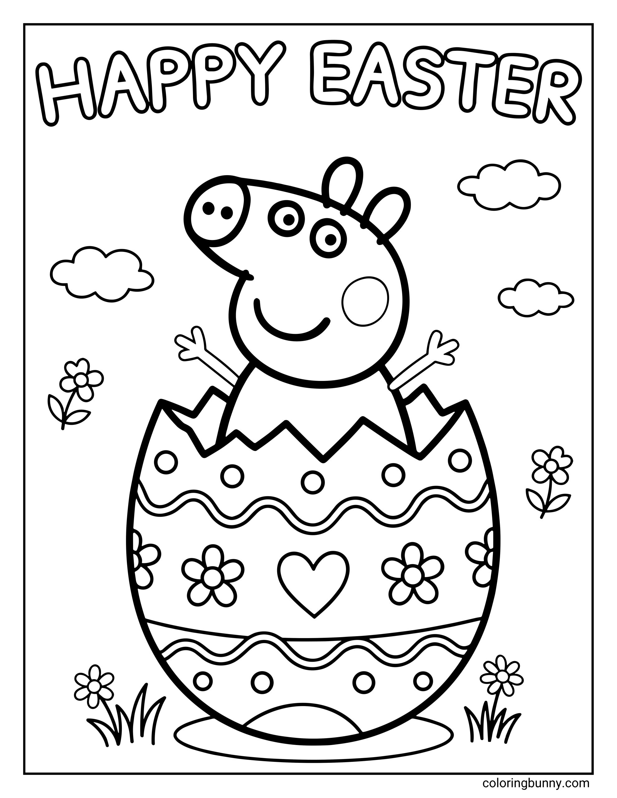 A Peppa Pig Easter coloring page showing Peppa Pig emerging from a decorated cracked Easter egg, with patterns of flowers, hearts, and stripes on the shell, under a sky with clouds and the words “Happy Easter” above. Small flowers and grass surround the scene, creating a bright and cheerful springtime setting.