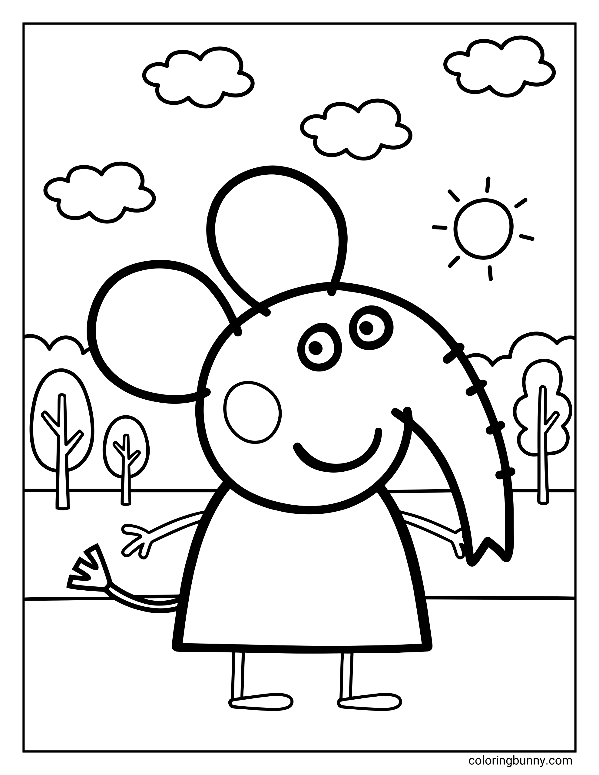 A Peppa Pig coloring page showing Emily Elephant standing and smiling outdoors. Emily has large round ears, a long curved trunk held to one side, and is wearing a simple dress. The background includes a grassy ground with a horizon line, several small trees with rounded tops, fluffy clouds in the sky, and a bright sun in the top right corner.