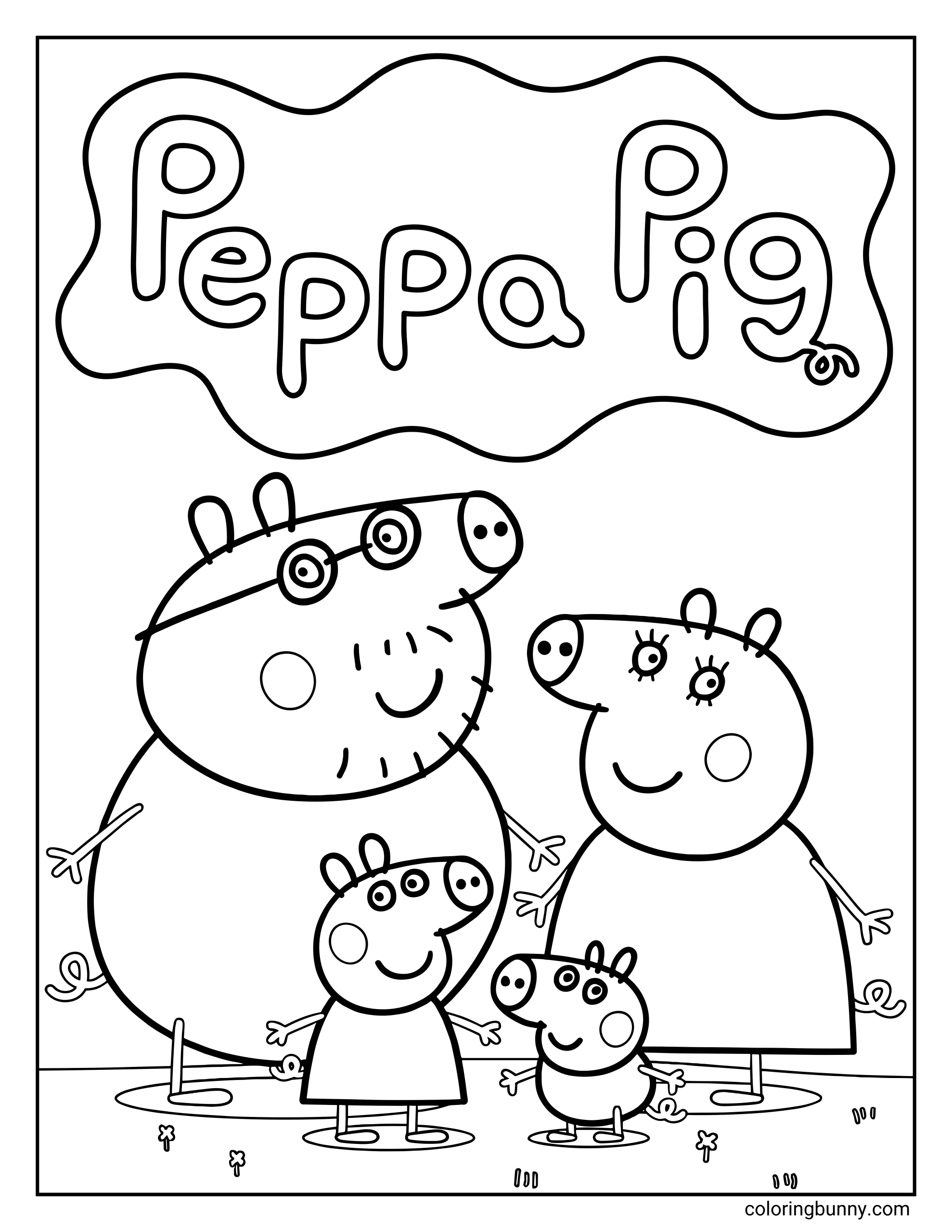 A Peppa Pig family coloring page showing Peppa Pig, George Pig, Mummy Pig, and Daddy Pig standing together and smiling outdoors, with the “Peppa Pig” logo displayed at the top of the page.