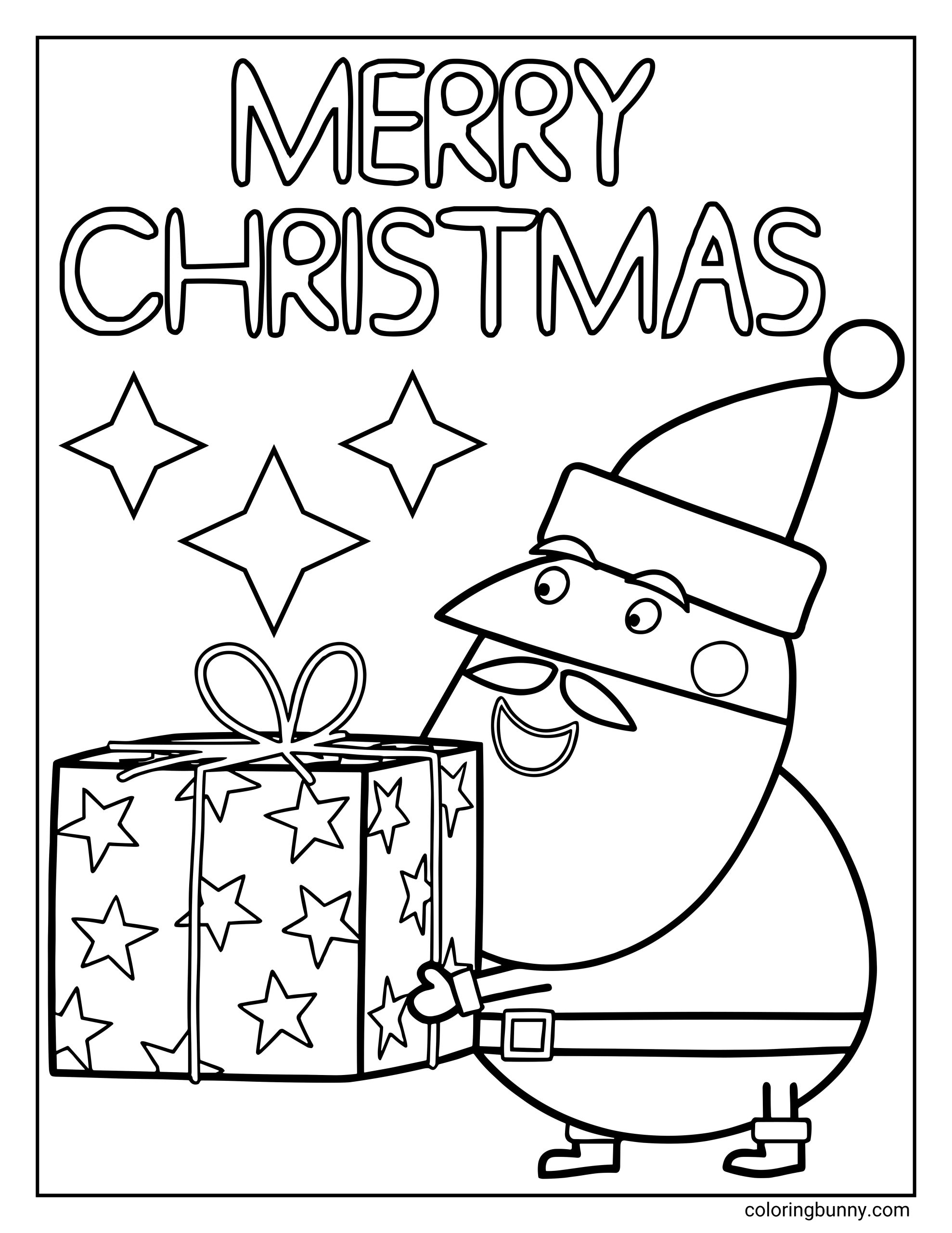 A Peppa Pig Christmas coloring page showing Father Christmas wearing a Santa hat and belt, smiling while holding a large wrapped present decorated with star patterns and a bow, with star shapes around him, the words “MERRY CHRISTMAS” written at the top in bold outlined letters.
