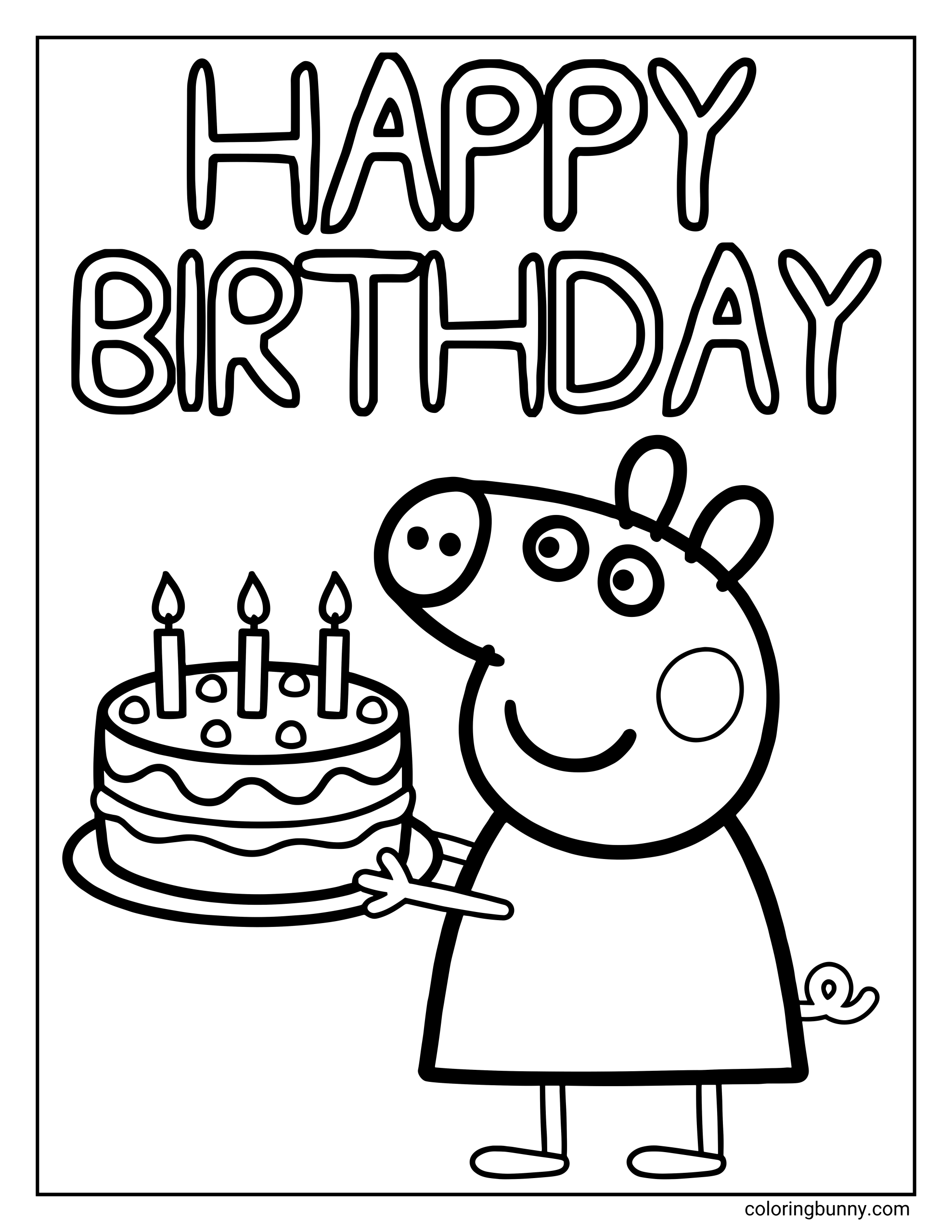 A Peppa Pig birthday coloring page showing Peppa Pig smiling and holding a birthday cake with three lit candles, the words “HAPPY BIRTHDAY” written in large bubble letters at the top.