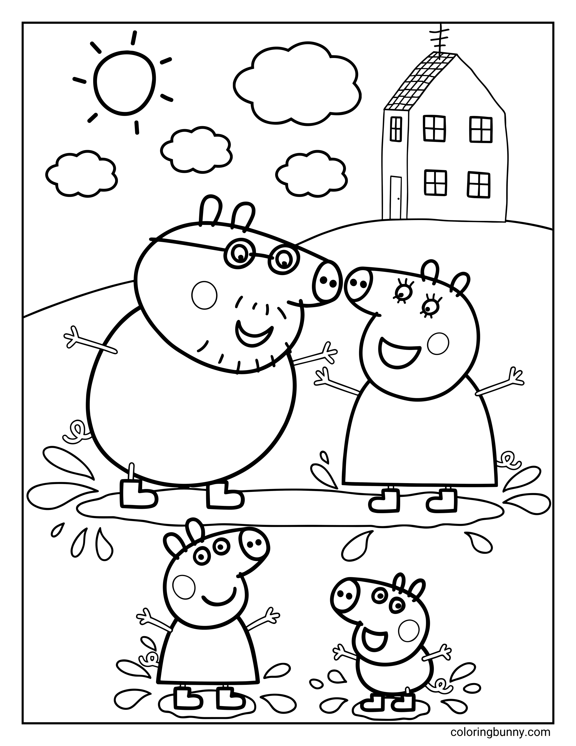 A Peppa Pig muddy puddles coloring page showing Daddy Pig and Mummy Pig standing and smiling while splashing in a large muddy puddle, with Peppa Pig and George Pig jumping in smaller puddles below them, water splashes around their boots, a sunny sky with clouds above, a house in the background on a hill.