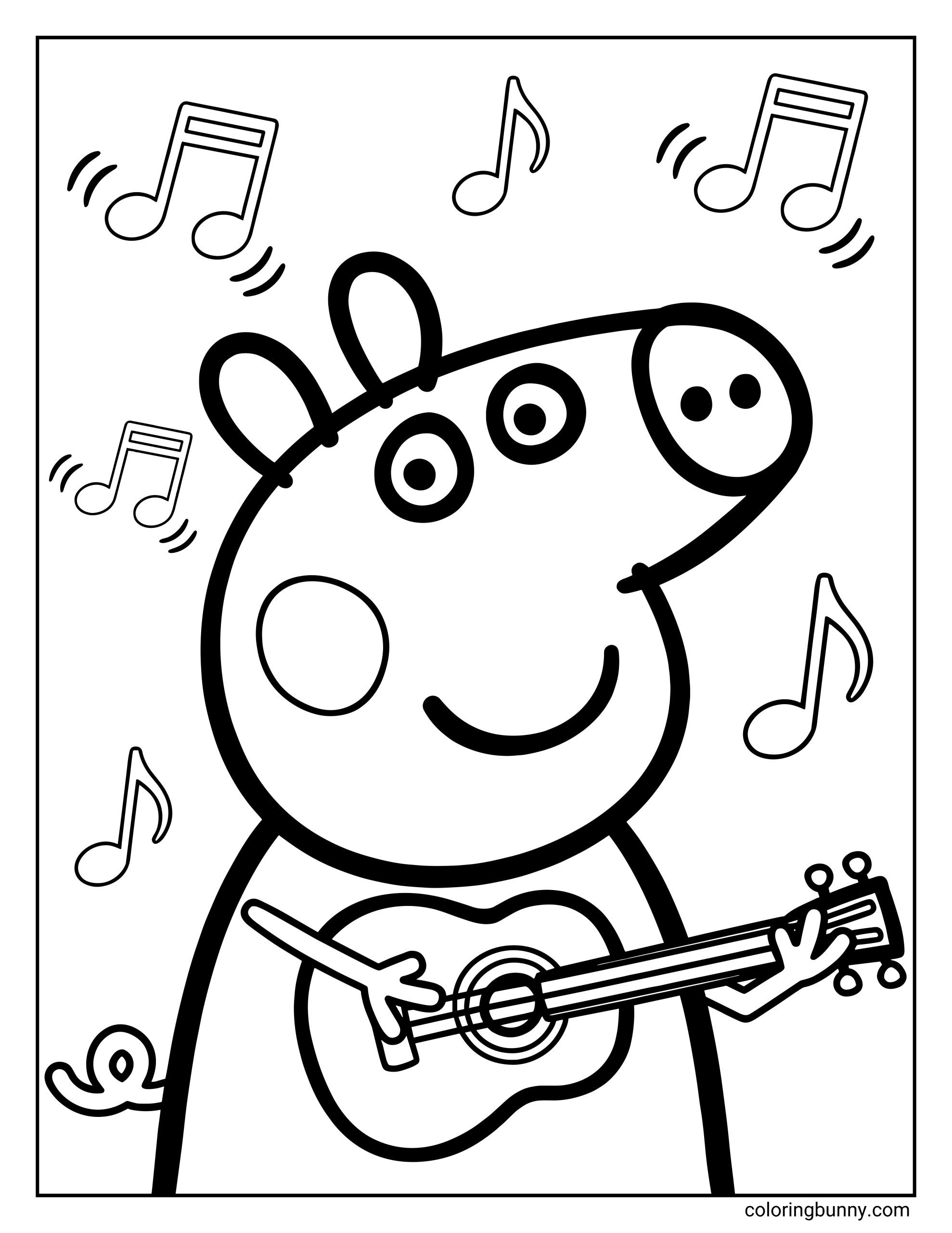 A Peppa Pig coloring page showing Peppa Pig smiling while playing a guitar, surrounded by floating musical notes.