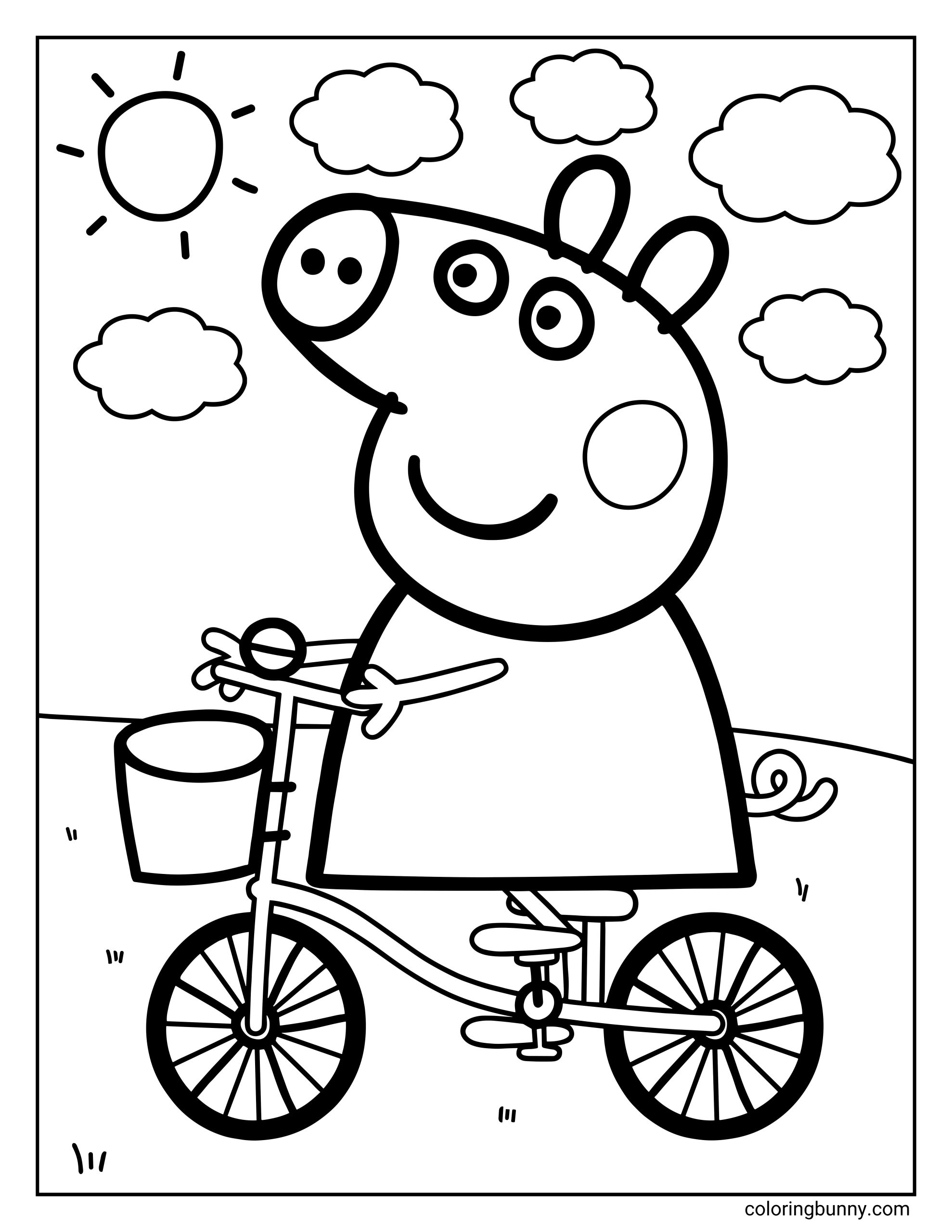 A Peppa Pig coloring page showing Peppa Pig smiling while riding a bicycle outdoors. Peppa is seated on the bike with both hands on the handlebars, one foot on a pedal, and a small bucket attached to the front of the bicycle. The bicycle has two large spoked wheels, a curved frame, pedals, and a simple seat. In the background, there is a sunny sky with a large sun in the top left corner and several fluffy clouds scattered across the page. A curved ground line runs behind the bicycle with small tufts of grass drawn near the bottom.
