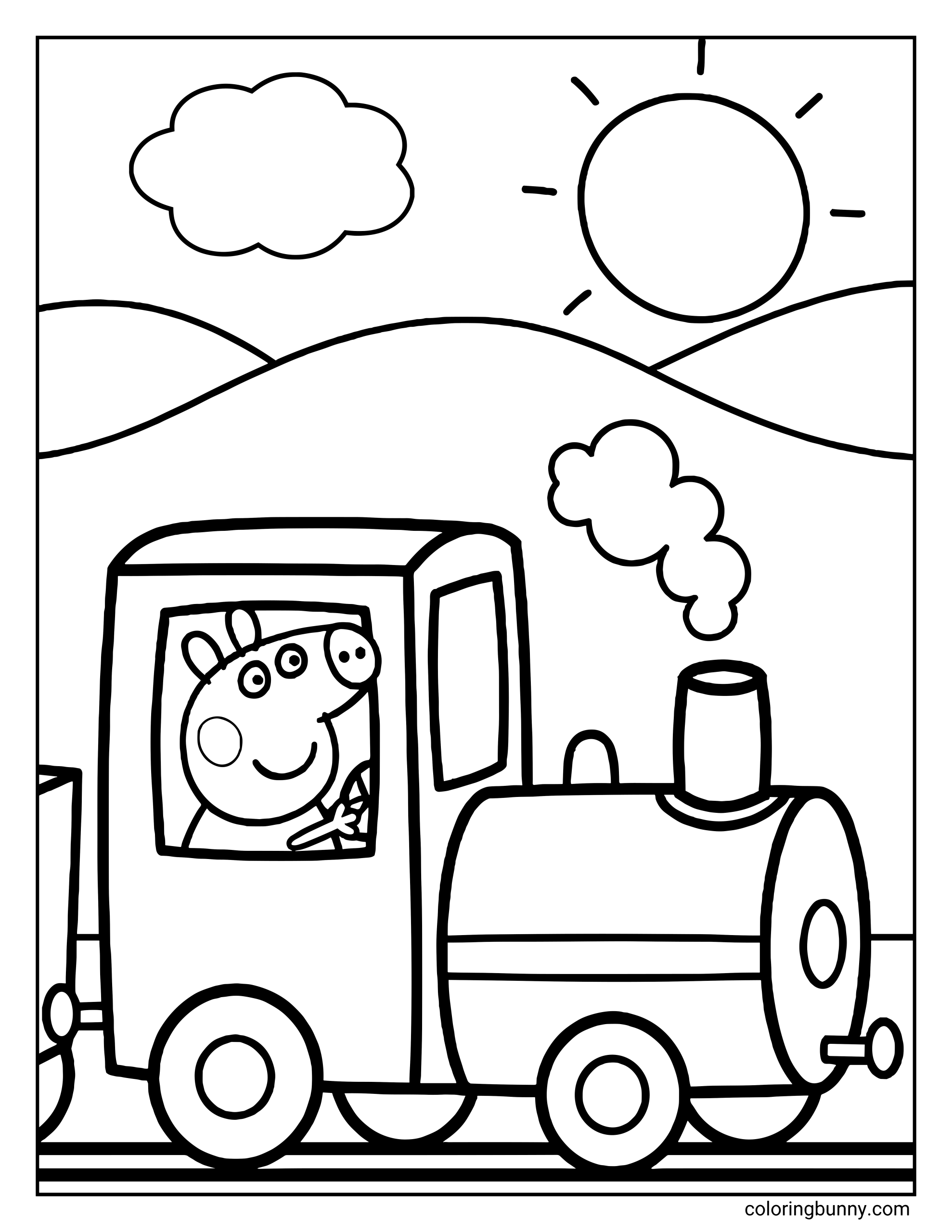 A Peppa Pig coloring page showing Peppa Pig smiling from the cab window of a small steam train. The train has a rectangular driver’s cab, a cylindrical engine with a round front, a chimney releasing a puff of smoke, and two large round wheels visible at the bottom. The train sits on straight tracks along the bottom edge of the page. In the background, rolling hills stretch across the scene with a simple cloud in the sky and a large sun with short rays in the top right corner.