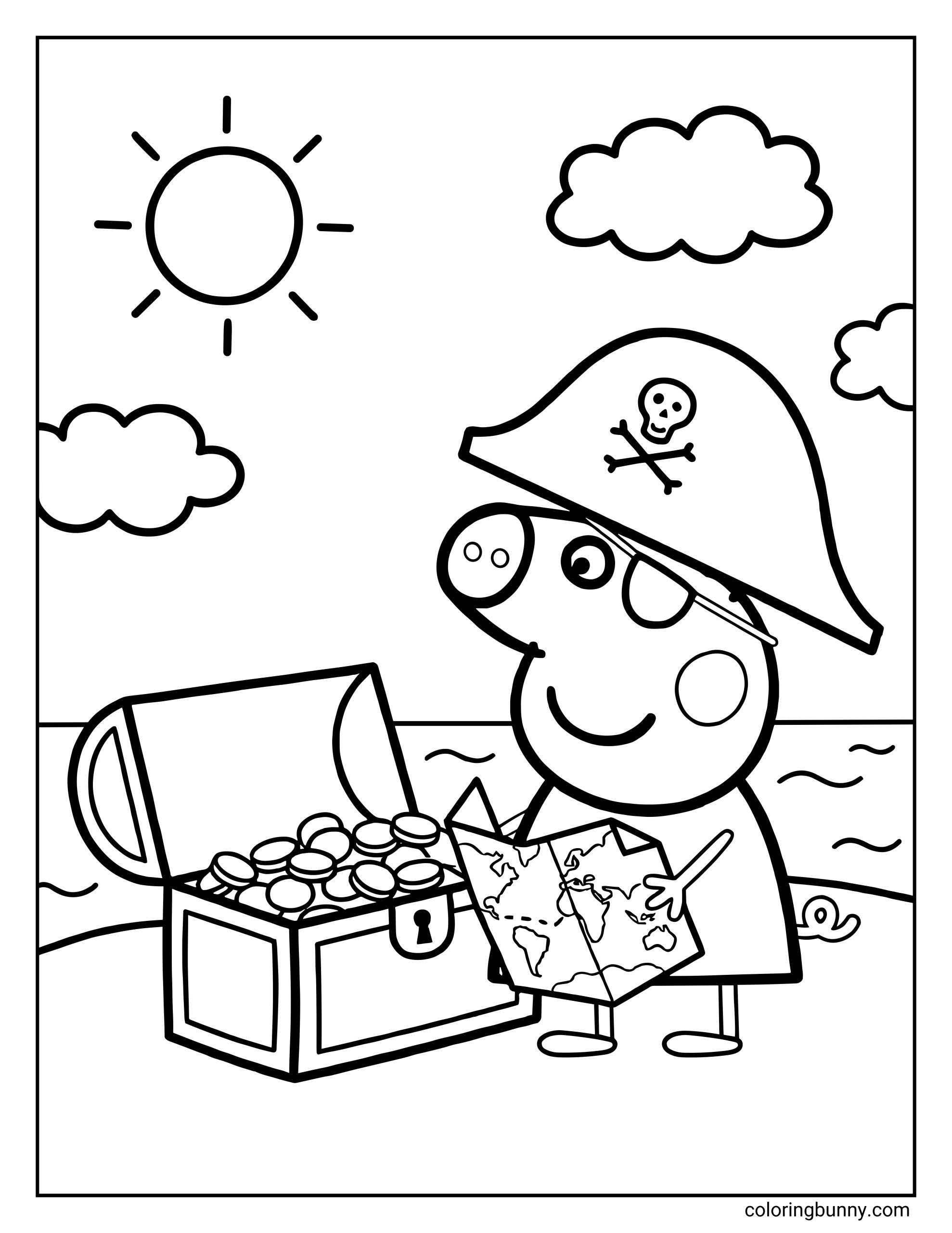 A Peppa Pig coloring page showing Peppa Pig dressed as a pirate, wearing a pirate hat with a skull and crossbones symbol. Peppa is standing on a beach beside an open treasure chest filled with round coins, with the lid tilted back and a lock on the front. She is holding an open treasure map with dotted paths and island shapes. The background shows the sea with wavy lines, a shoreline, fluffy clouds in the sky, and a smiling sun in the top left corner.