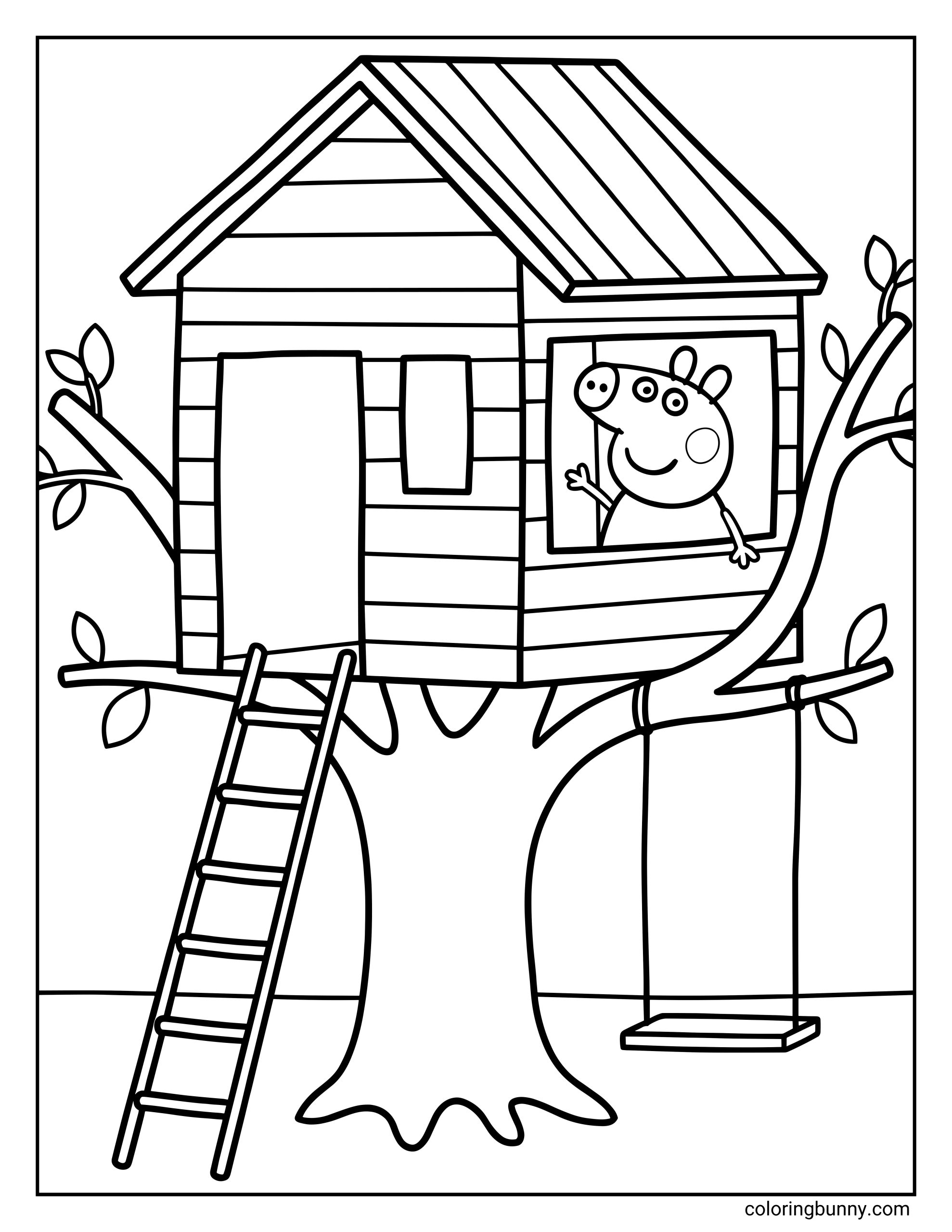 A Peppa Pig coloring page showing Peppa Pig waving from the window of a wooden treehouse built around a large tree trunk. The treehouse has horizontal wooden planks, a pitched roof with diagonal lines, and an open window where Peppa is smiling and raising one arm. A ladder leans against the tree leading up to the treehouse entrance. Thick tree branches extend on both sides with simple leaves, and a rope swing with a flat seat hangs from the right branch.