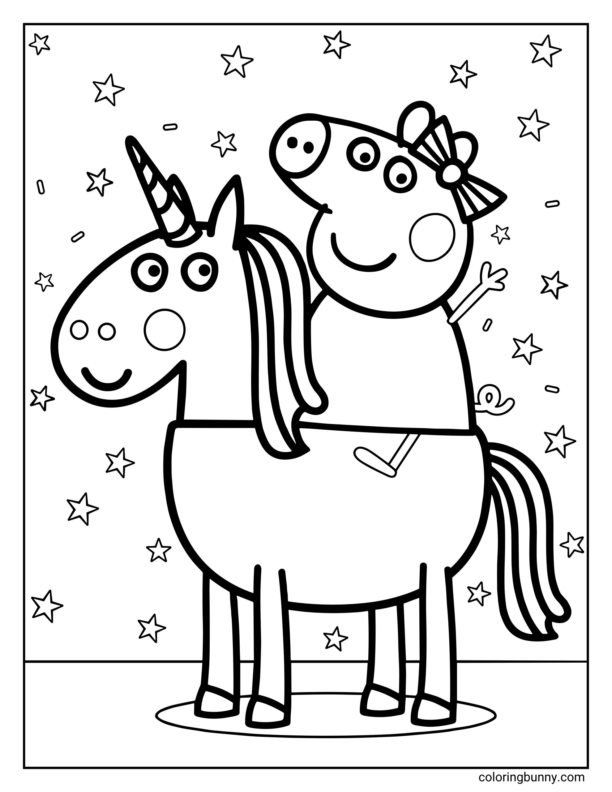 A cute coloring page featuring Peppa Pig smiling while riding a unicorn with a striped horn and flowing mane, surrounded by stars in a magical night sky. Peppa wears a bow and waves happily.