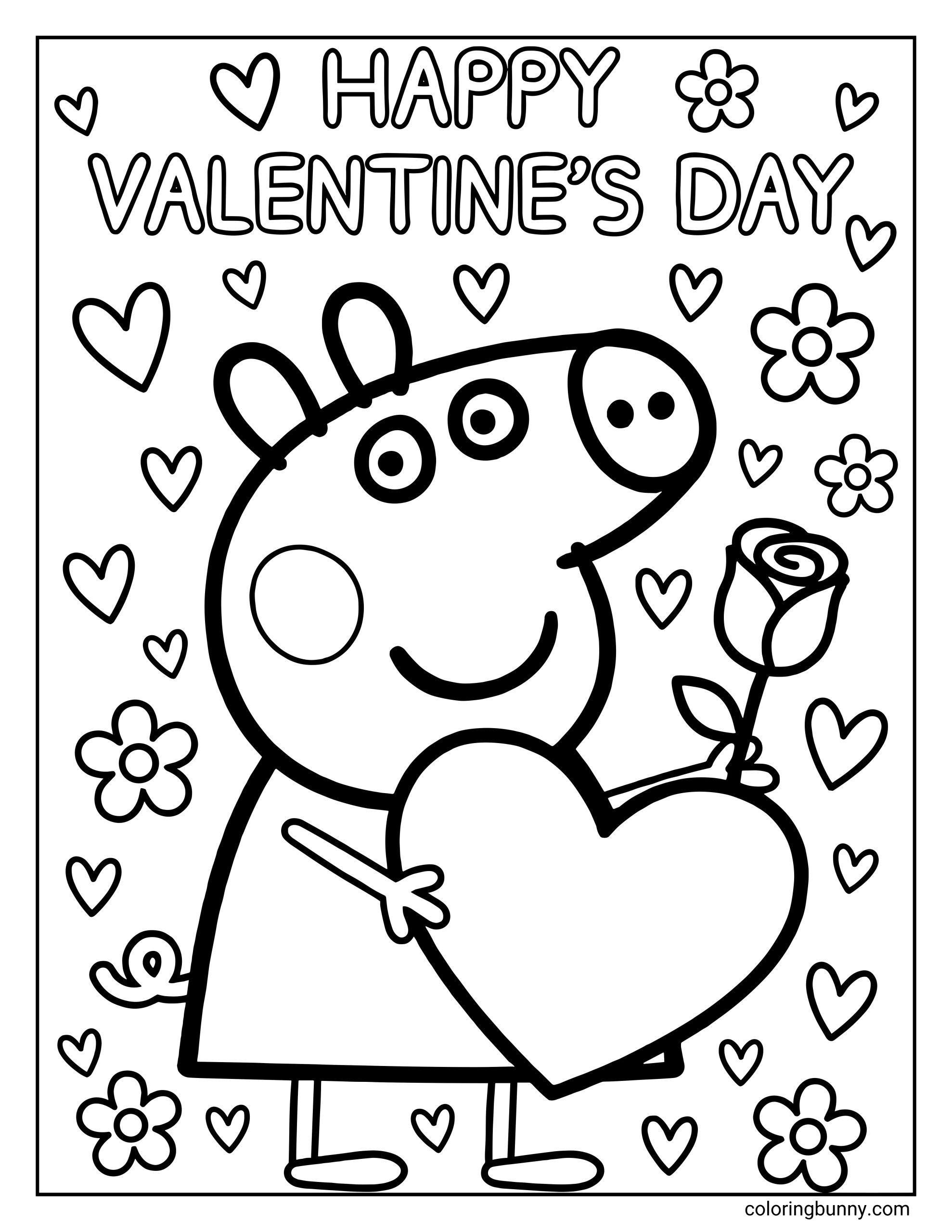 A Valentine’s Day themed Peppa Pig coloring page with the words “HAPPY VALENTINE’S DAY” written in large rounded bubble letters across the top. Peppa Pig stands in the center, smiling with round eyes and a curved mouth, wearing her simple dress. She is holding a large heart shape against her body with one arm while holding a single rose flower with a stem and leaves in her other hand. Small hearts and simple flower shapes are scattered evenly around Peppa, filling the background from top to bottom.