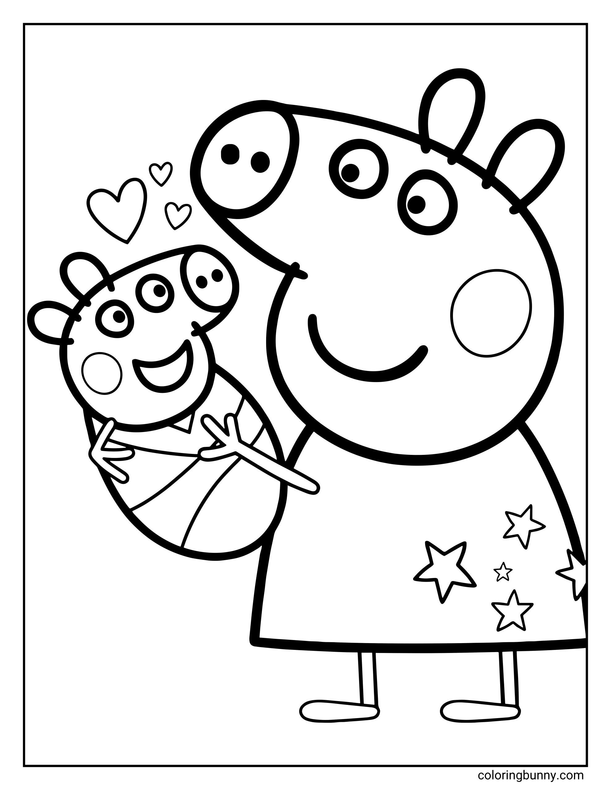 A Peppa Pig coloring page showing Peppa Pig gently holding Baby Evie Pig in her arms, both smiling with small hearts floating above them. Peppa wears a dress decorated with stars, creating a sweet and loving moment between the two characters.