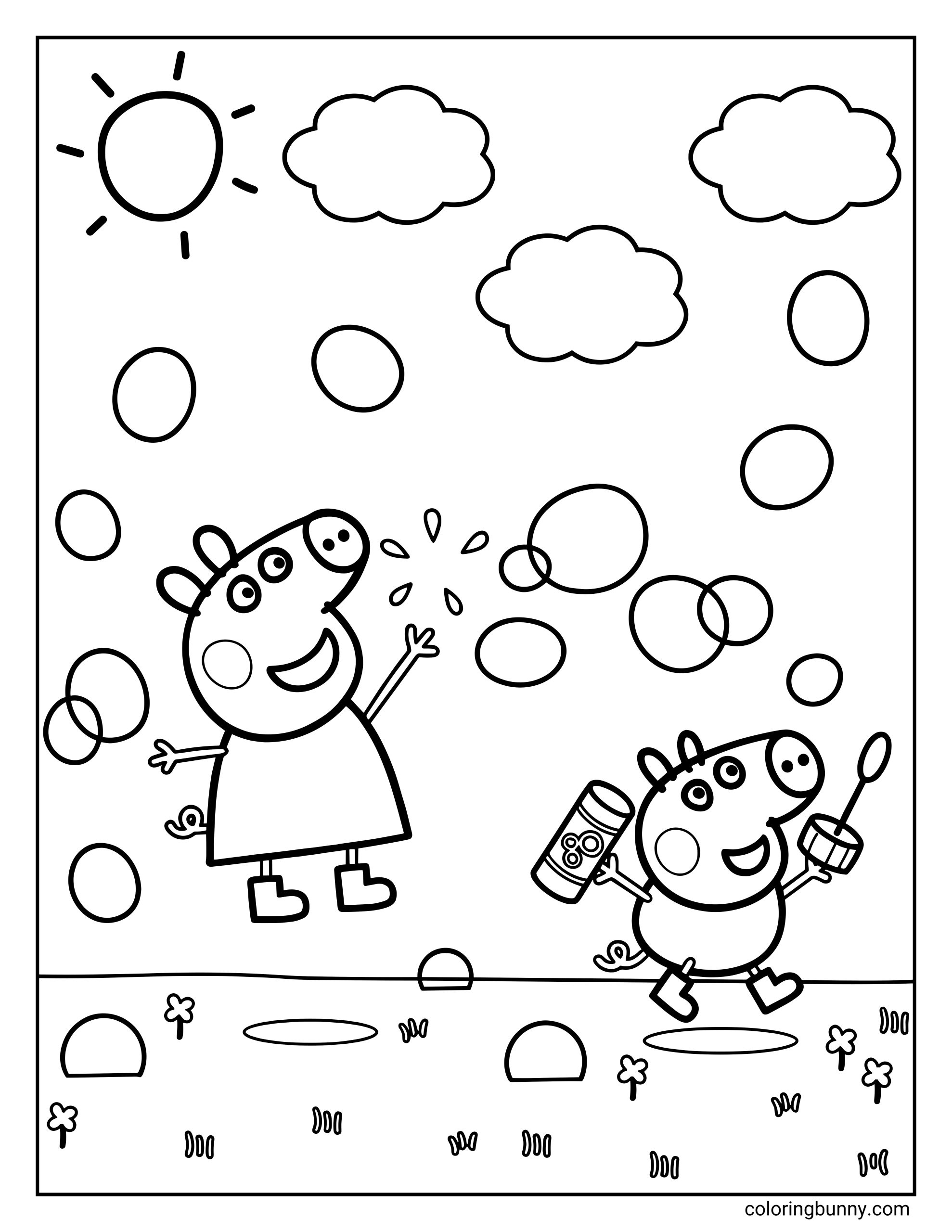 A Peppa Pig coloring page showing Peppa Pig and George Pig outdoors blowing bubbles. Peppa Pig is on the left, smiling with her mouth open and one arm raised toward floating bubbles, while wearing a simple dress and boots. George Pig is on the right, smiling and running while holding a bubble wand in one hand and a bottle of bubble solution with a bubble design on the label in the other hand. Large and small round bubbles float throughout the scene, overlapping in places. The background includes a sun in the top left corner with short rays, several fluffy clouds across the sky, and a grassy ground with small flowers, tufts of grass, puddle shapes, and rounded stones.