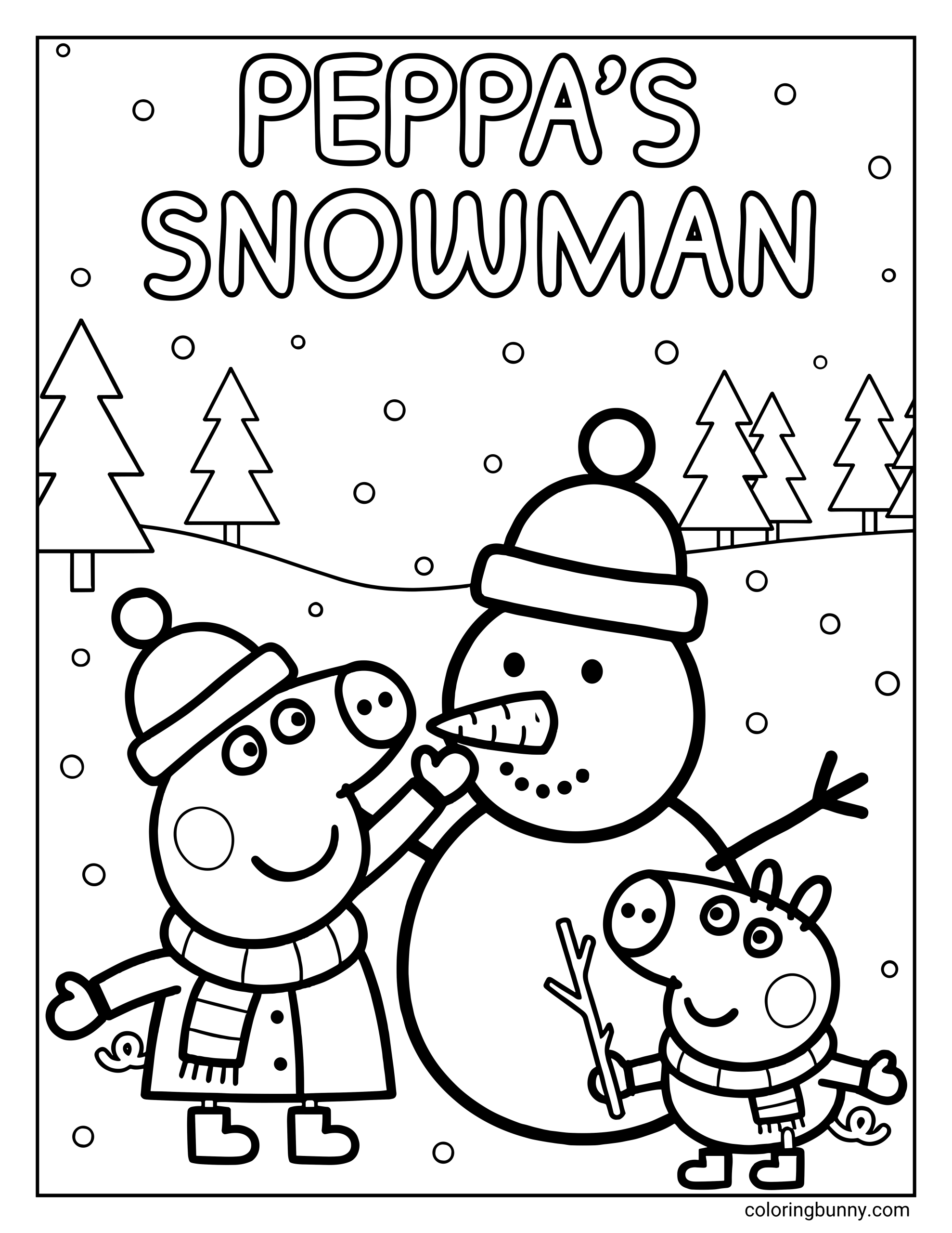 A Peppa Pig winter coloring page titled “PEPPA’S SNOWMAN” at the top, showing Peppa Pig and George Pig wearing winter hats, scarves, coats, and boots while building a snowman. The snowman has a carrot nose, button mouth, stick arms, and a winter hat, set in a snowy landscape with falling snow, rolling hills, pine trees in the background.