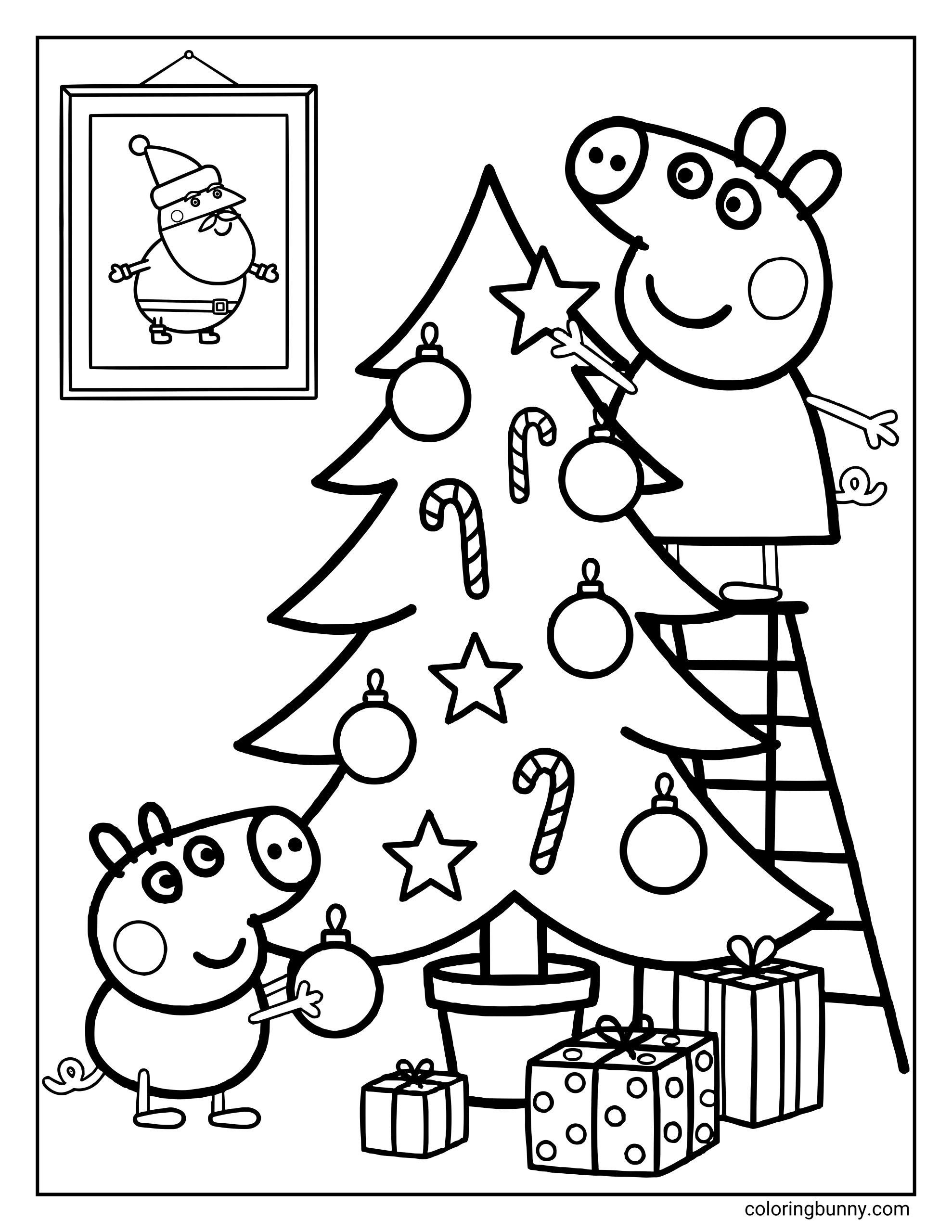A Peppa Pig Christmas coloring page showing Peppa Pig standing on a ladder decorating a Christmas tree with stars, baubles, and candy canes, while George Pig decorates the lower branches. There's wrapped presents, a plant pot at the base of the tree, and a framed picture of Santa on the wall in the background.