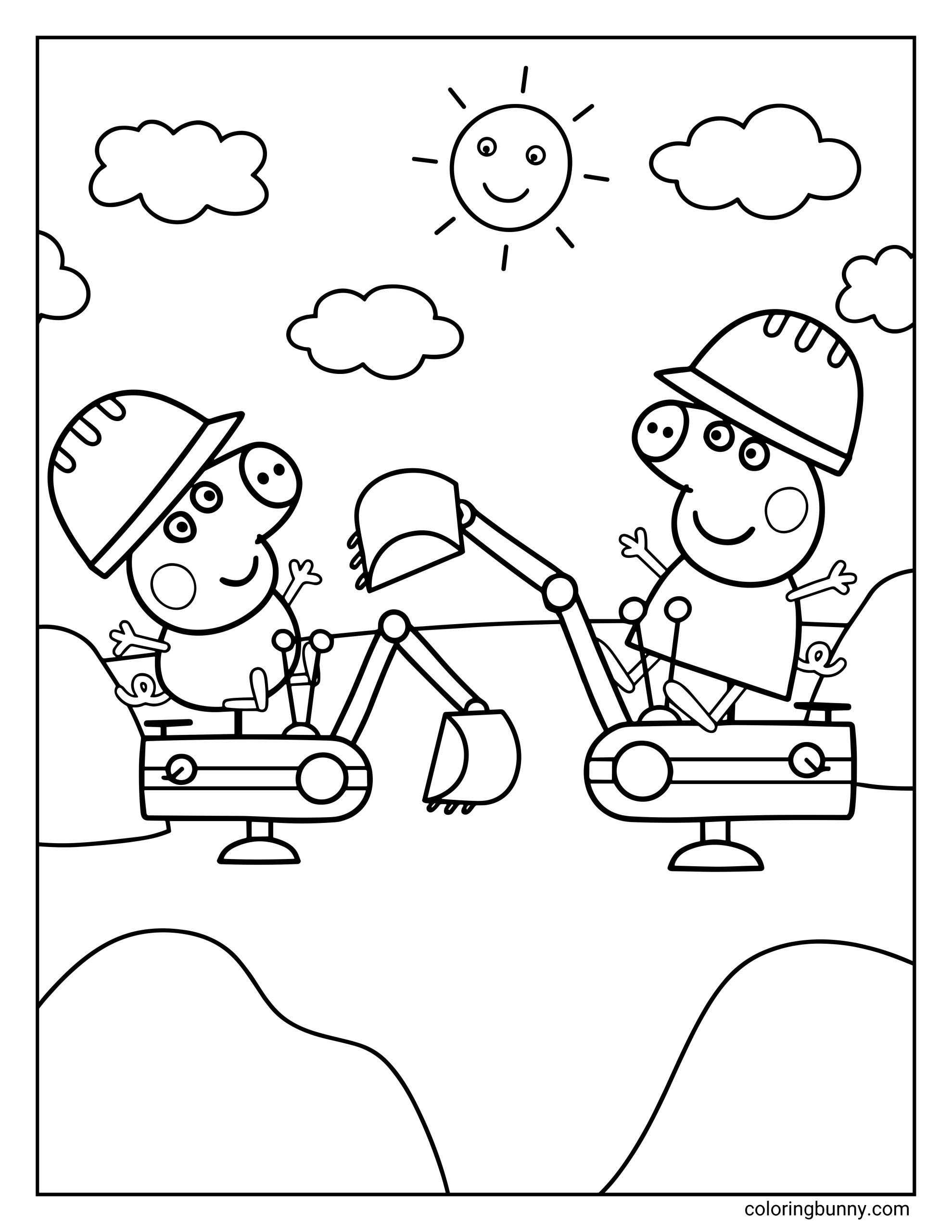 A Peppa Pig coloring page featuring Peppa and George wearing construction hard hats while sitting in the driver's seats of two excavators. They are smiling at each other in a sunny outdoor setting with a happy sun and fluffy clouds above.