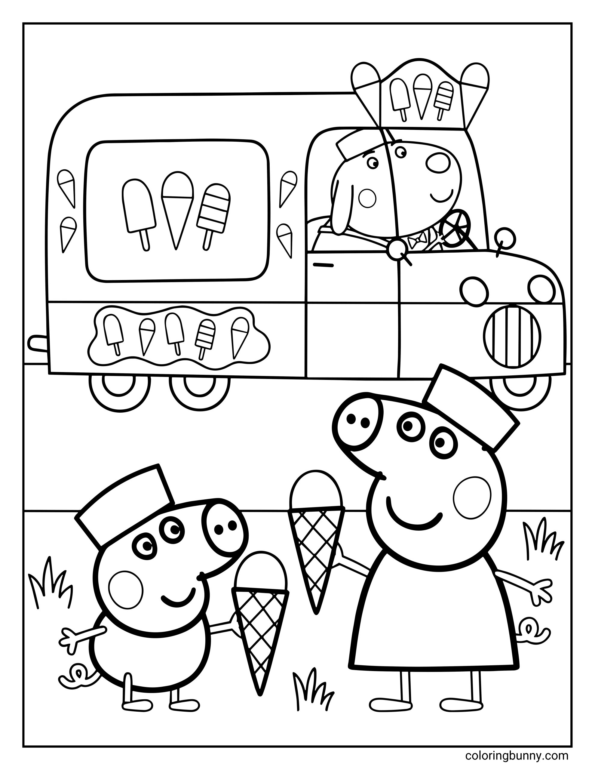 A Peppa Pig coloring page featuring Peppa and George holding ice cream cones while standing in front of Mr. Labrador's ice cream van. Peppa and George are both wearing small hats and smiling, with the decorated van parked behind them on a grassy patch.
