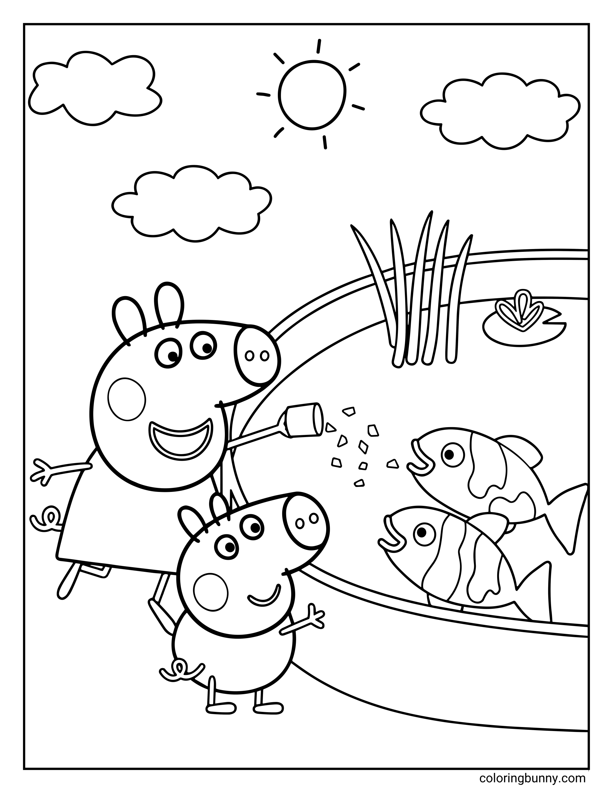 A Peppa Pig coloring page featuring Peppa and George standing by a garden pond with two large, striped fish. Peppa is holding a small container and sprinkling food into the water for the fish, all under a bright sun and fluffy clouds.