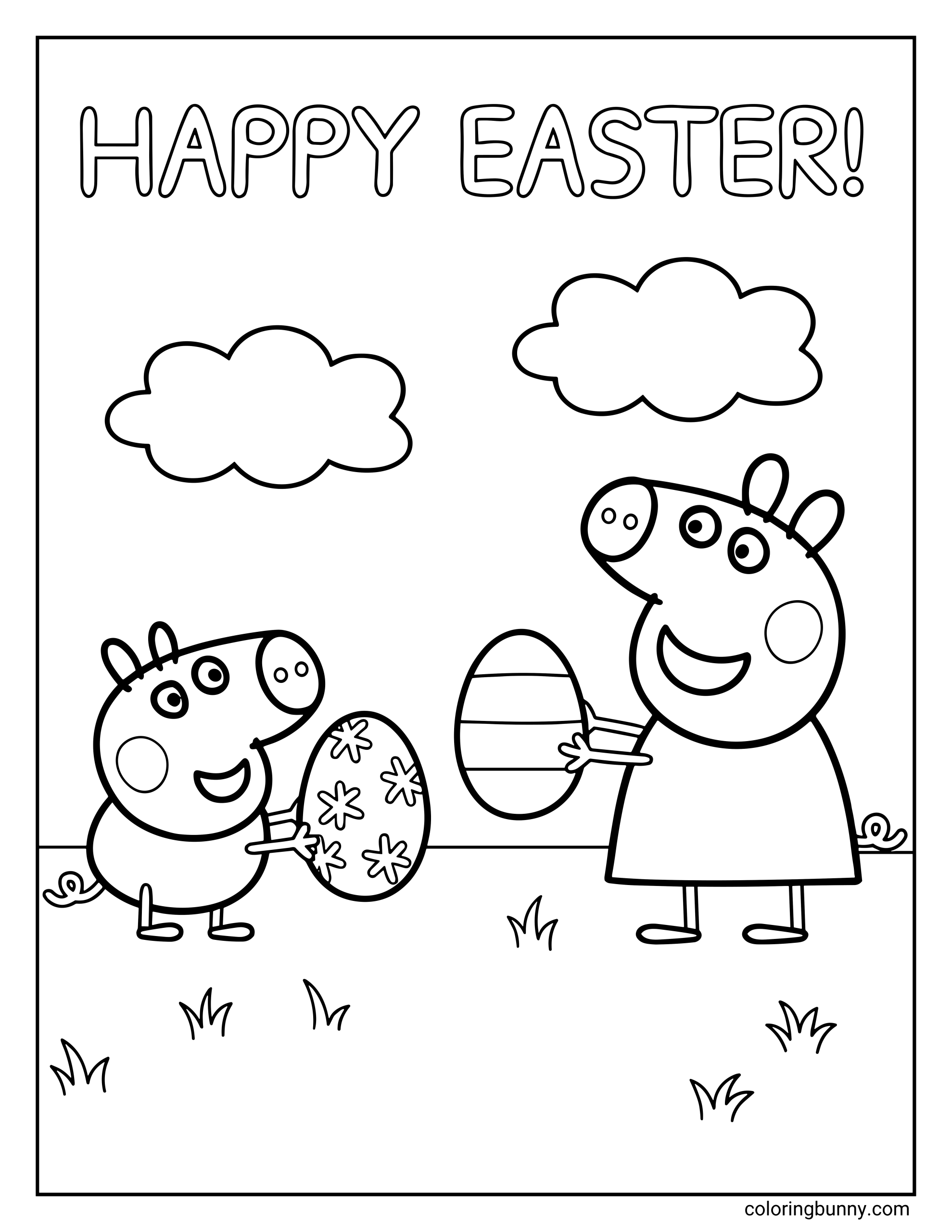 A simple Easter coloring page showing Peppa Pig and George Pig standing outside under two fluffy clouds, each holding decorated Easter eggs, with the words “Happy Easter!” written across the top.
