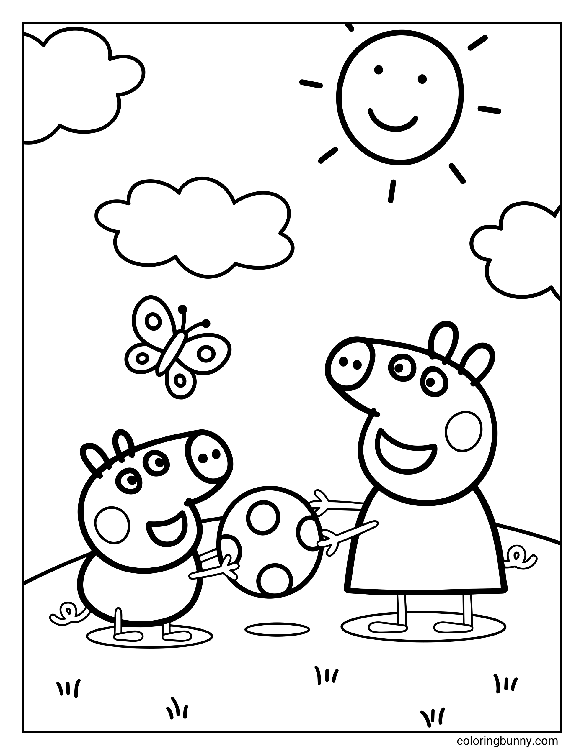 A Peppa Pig coloring page showing Peppa Pig and George Pig playing together outdoors while holding a spotted ball, with a butterfly flying nearby, fluffy clouds in the sky, a smiling sun above them, grass on the ground.
