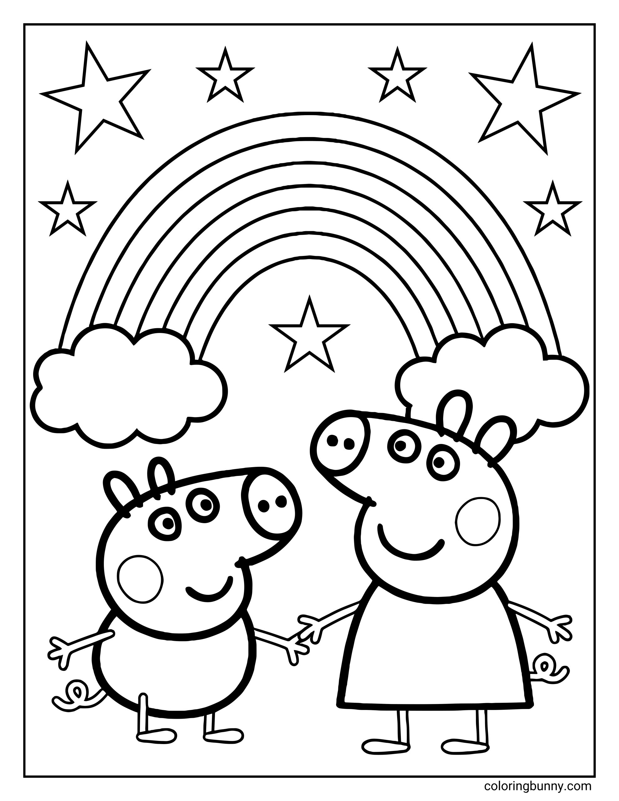 A Peppa Pig coloring page showing Peppa Pig and George Pig standing and holding hands beneath a large rainbow stretching between two clouds, with stars scattered in the sky.