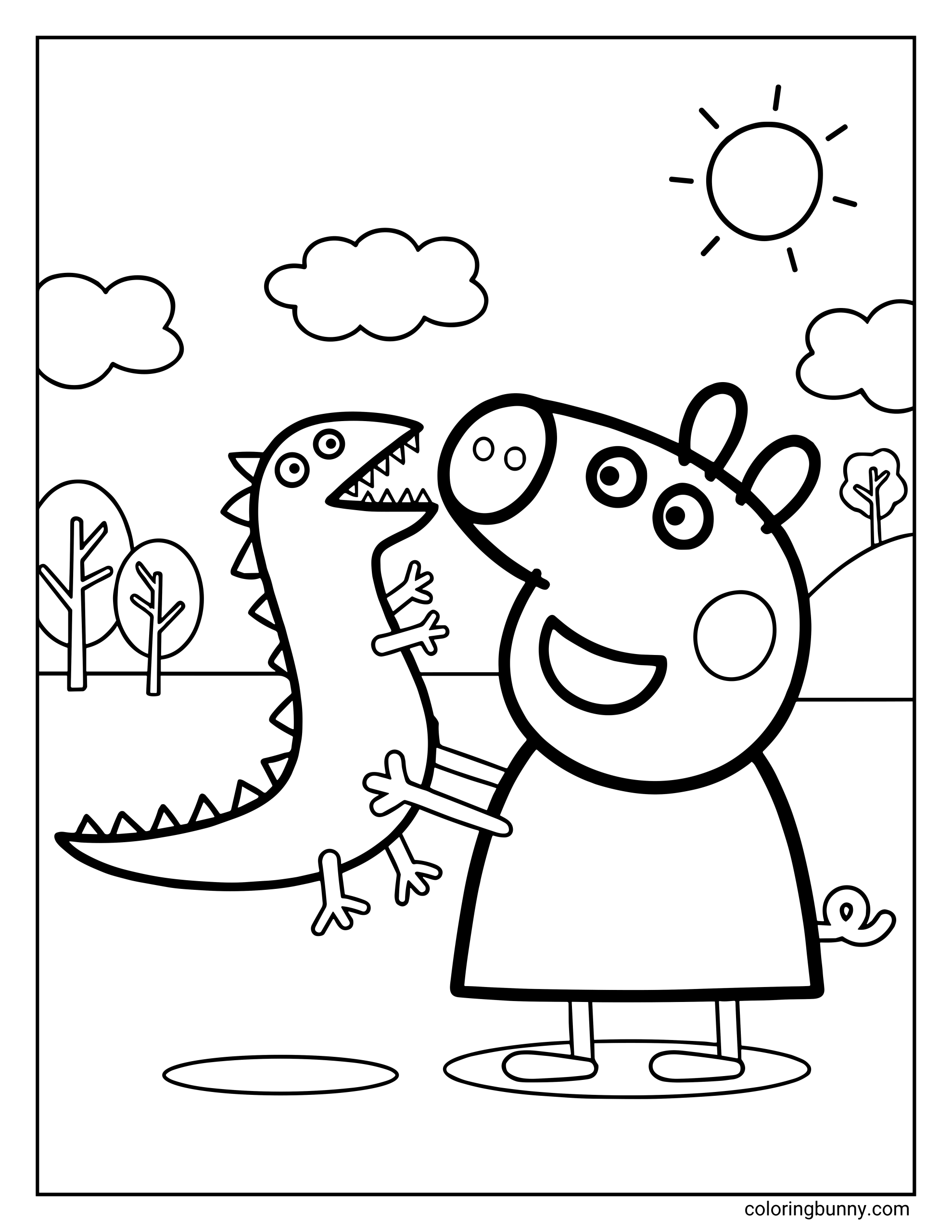 A Peppa Pig coloring page featuring Peppa holding George's favorite toy, Mr. Dinosaur, in an outdoor setting. Peppa is smiling happily as she plays with the toy dinosaur under a sunny sky filled with fluffy clouds and a few distant trees.