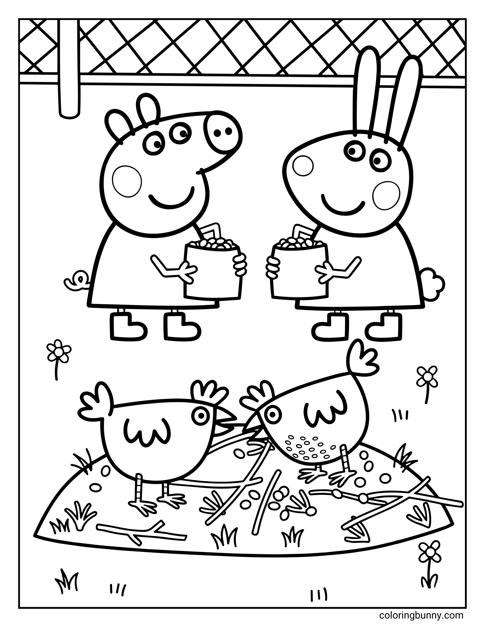 A Peppa Pig coloring page featuring Peppa and Suzy Sheep visiting a petting farm while holding bags of grain. They are smiling at two chickens pecking for food on the ground in front of them near a farm fence.