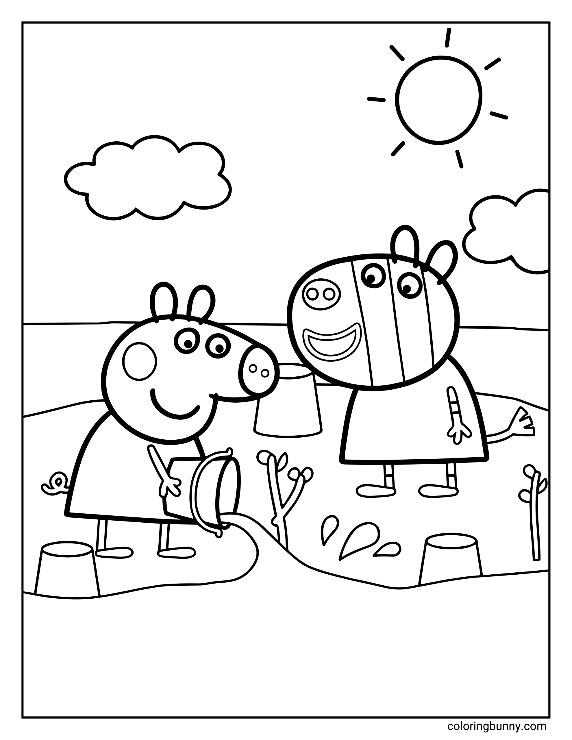 A Peppa Pig coloring page featuring Peppa and Zoe Zebra playing outside together in a muddy area. Peppa is holding a bucket and pouring water to make a puddle while Zoe looks on happily under a bright sun and clouds.