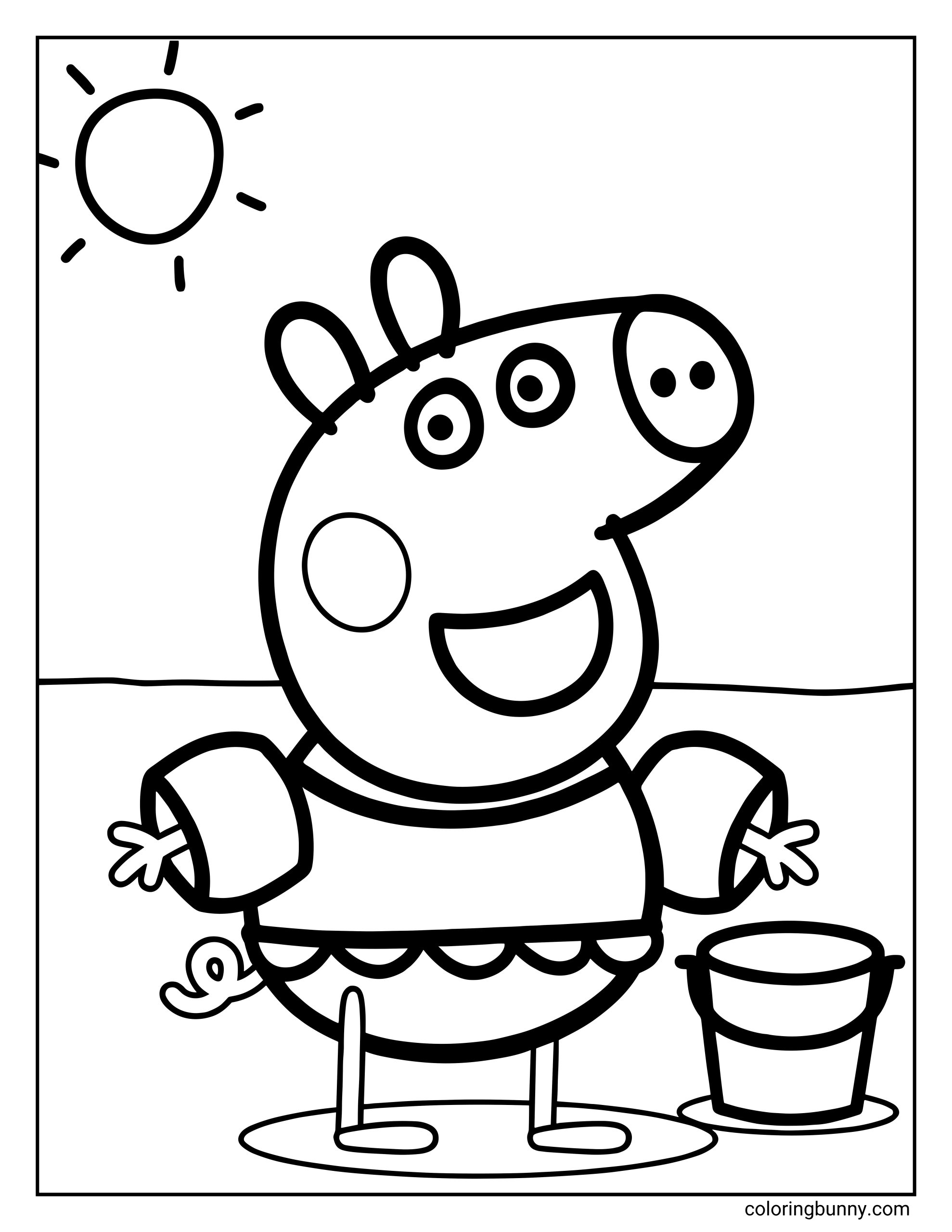 A Peppa Pig beach coloring page showing Peppa Pig smiling and wearing a swimsuit, standing on sand with a small bucket beside her, the sun shining in the sky above, a simple horizon line in the background.