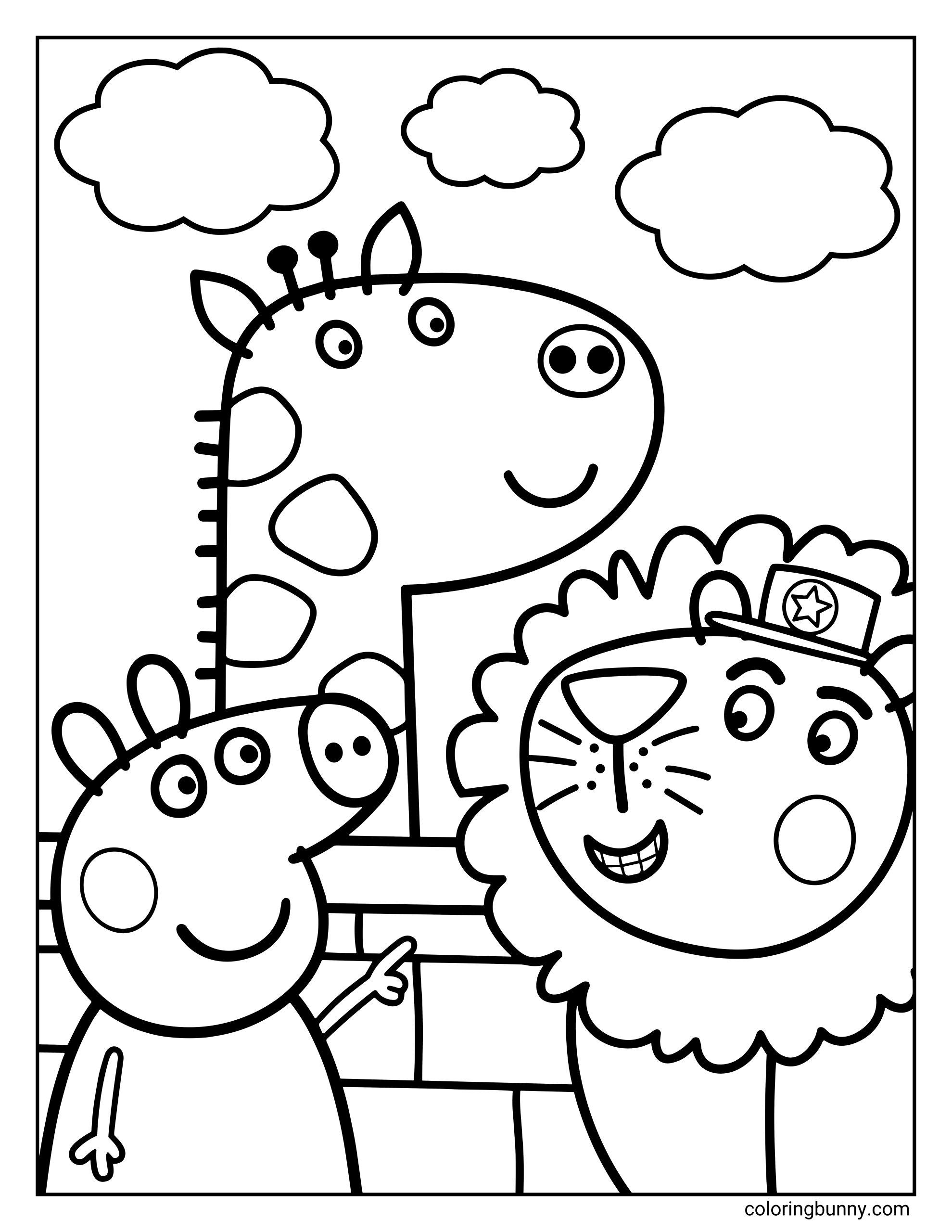 A Peppa Pig coloring page featuring Peppa pointing at a tall, spotted giraffe and a lion wearing a keeper's hat. They are standing in front of a brick wall at the zoo under a sky with three fluffy clouds.