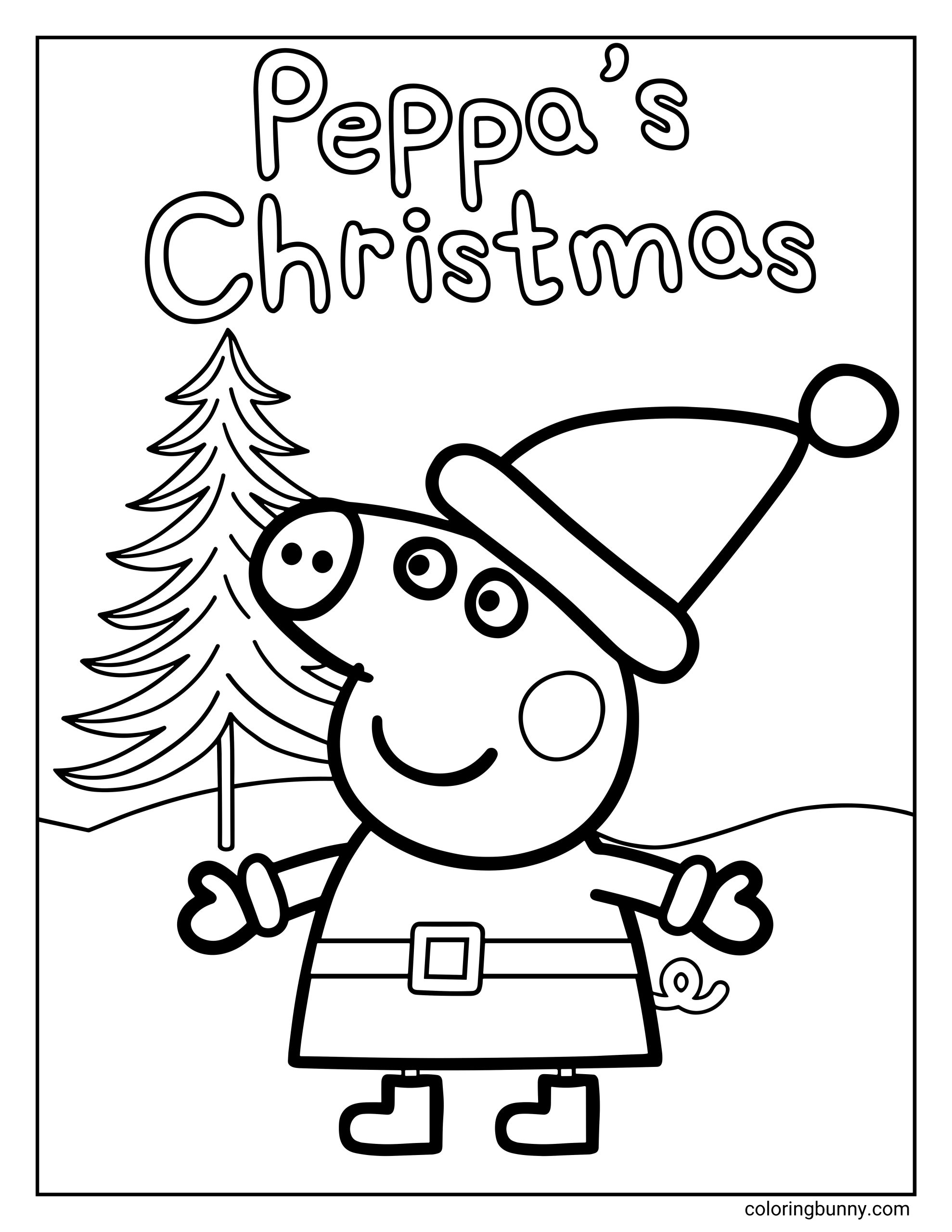 A Peppa Pig Christmas coloring page titled “Peppa’s Christmas” at the top, showing Peppa Pig wearing a Santa hat, festive outfit with belt, mittens, and boots, smiling with arms out, standing outdoors with rolling hills and a decorated evergreen tree in the background.