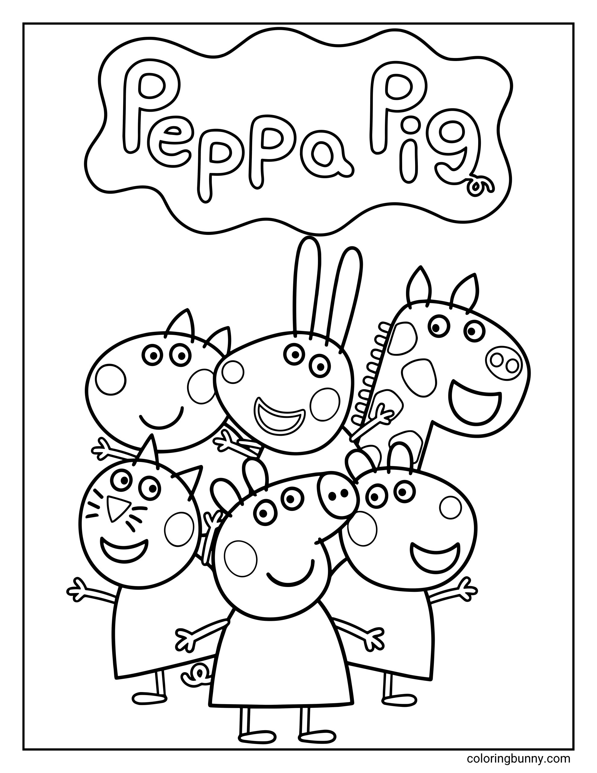 A Peppa Pig coloring page featuring Peppa standing front and center with her friends Candy Cat (bottom left), Suzy Sheep (bottom right), Zoe Zebra (top left), Rebecca Rabbit (top center), and Gerald Giraffe (top right). The "Peppa Pig" logo is displayed in a bubbly cloud above the group of smiling characters.