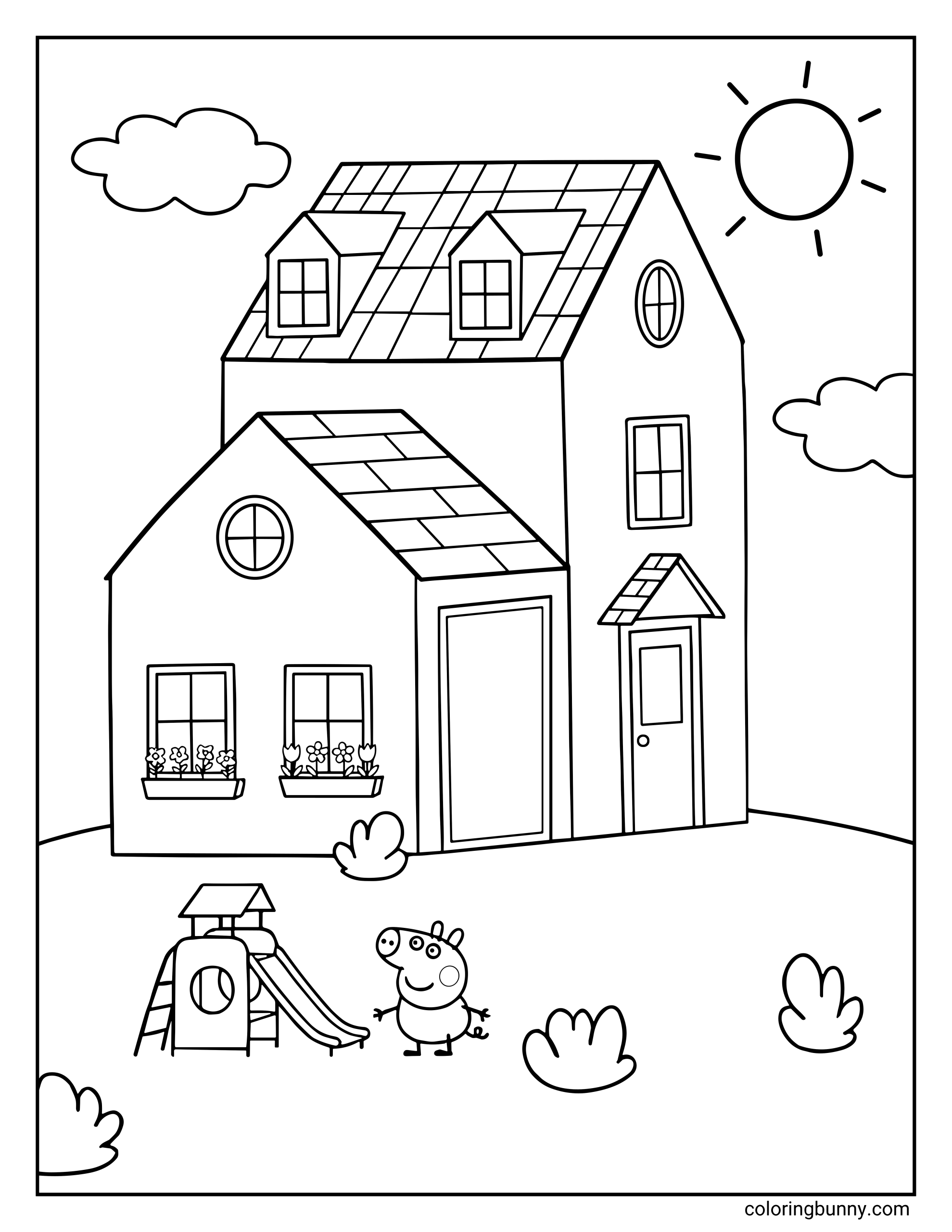 A coloring page of Peppa Pig’s new house. The two-story house has dormer windows, a complex roof, and flower boxes on the windowsills. Peppa Pig stands smiling near the front door. In the front yard, there is a complete playground slide set, and several bushes. The sky features a smiling sun and fluffy clouds.