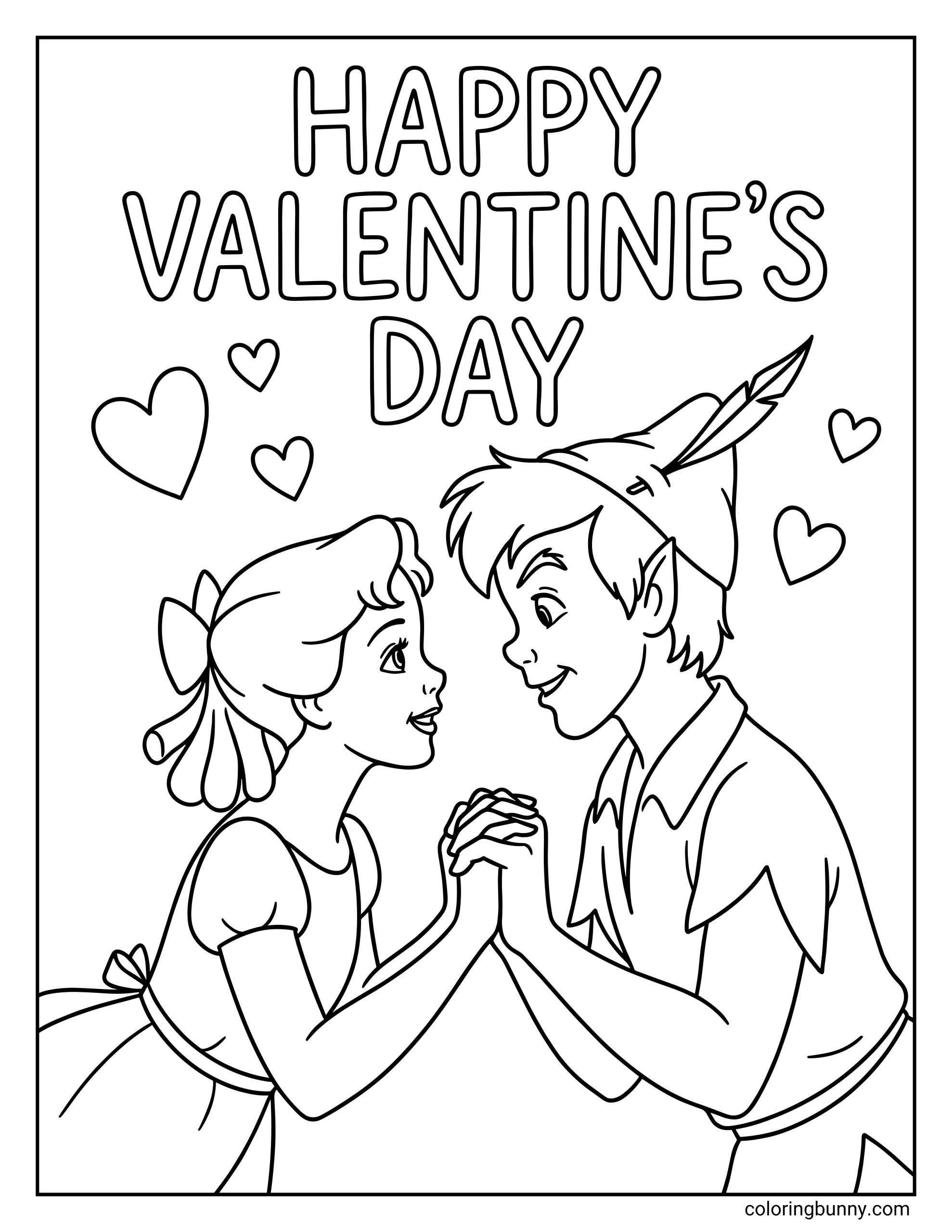 A Disney Valentine's Day coloring page showing Peter Pan and Wendy looking at each other while surrounded by hearts beneath the text "HAPPY VALENTINE'S DAY."