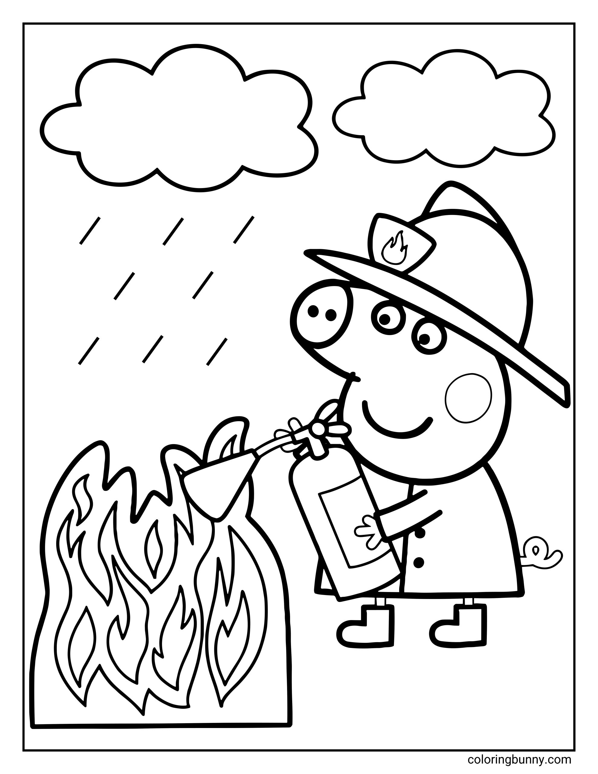 A simple coloring page of Peppa Pig dressed as a firefighter wearing a helmet and boots, using a fire extinguisher to put out a large fire. Rain is falling from clouds above.