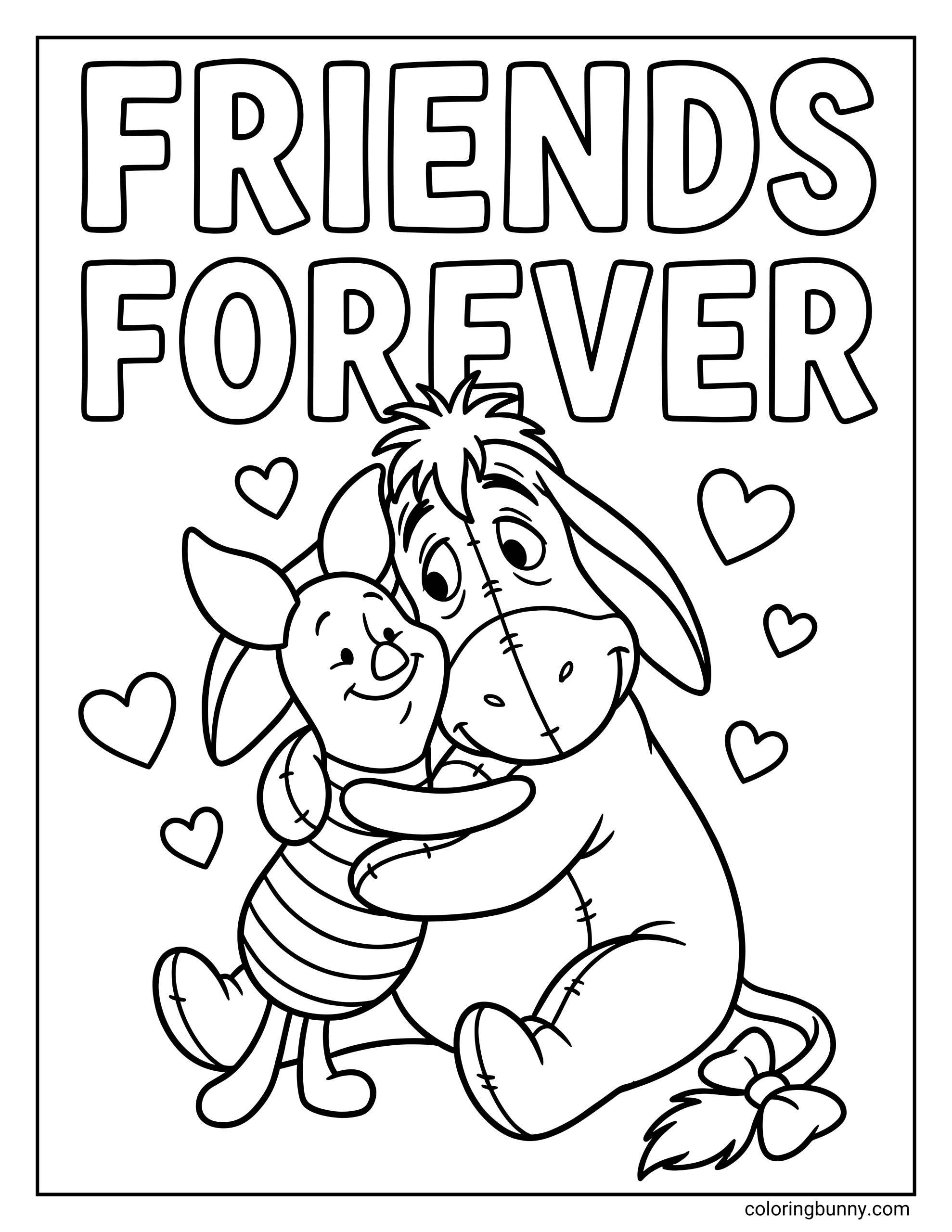 A Disney Valentine's coloring page of Piglet and Eeyore hugging with hearts in the background beneath the text "FRIENDS FOREVER."