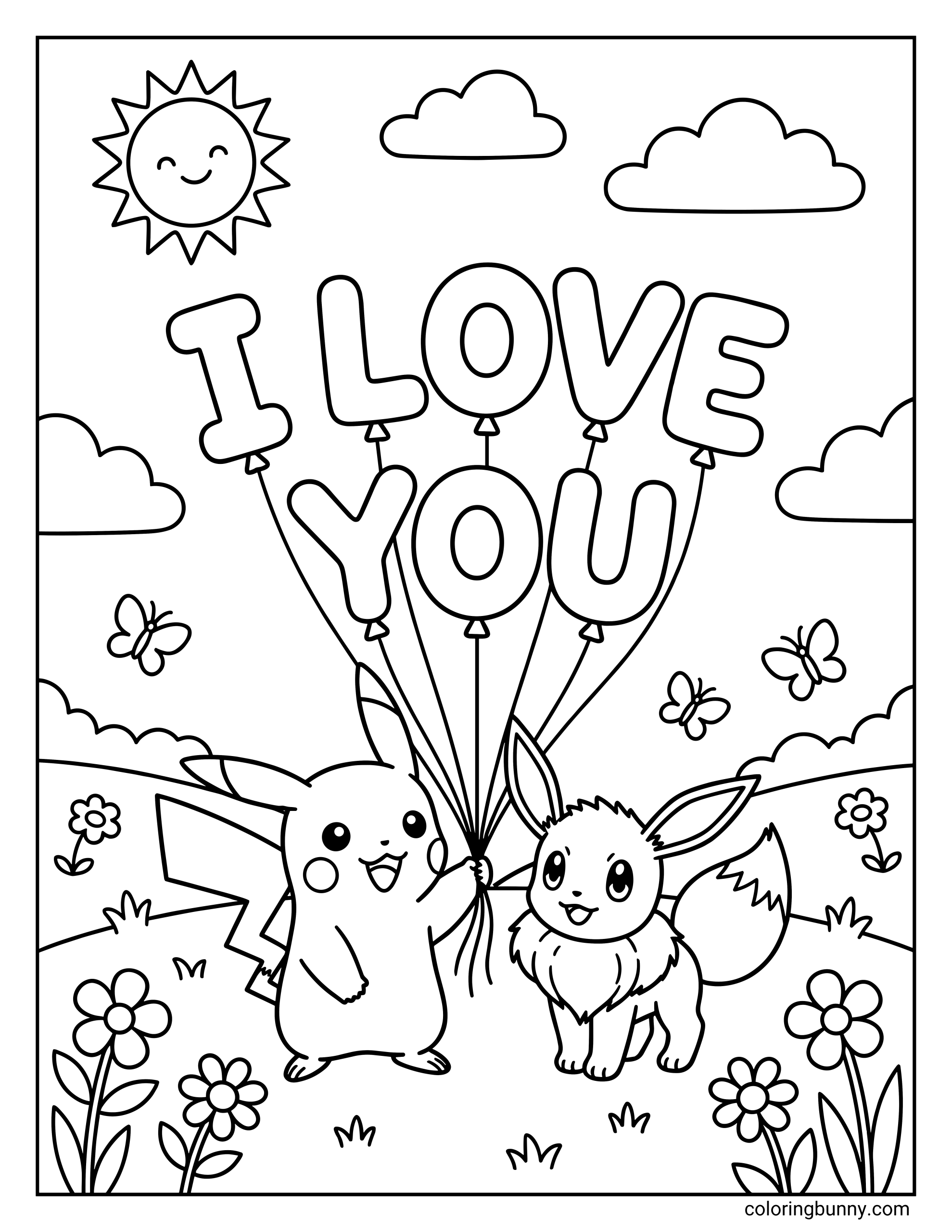 A Pokemon valentines coloring page of Pikachu holding 'I LOVE YOU' balloons for Eevee in a sunny meadow filled with flowers and butterflies.