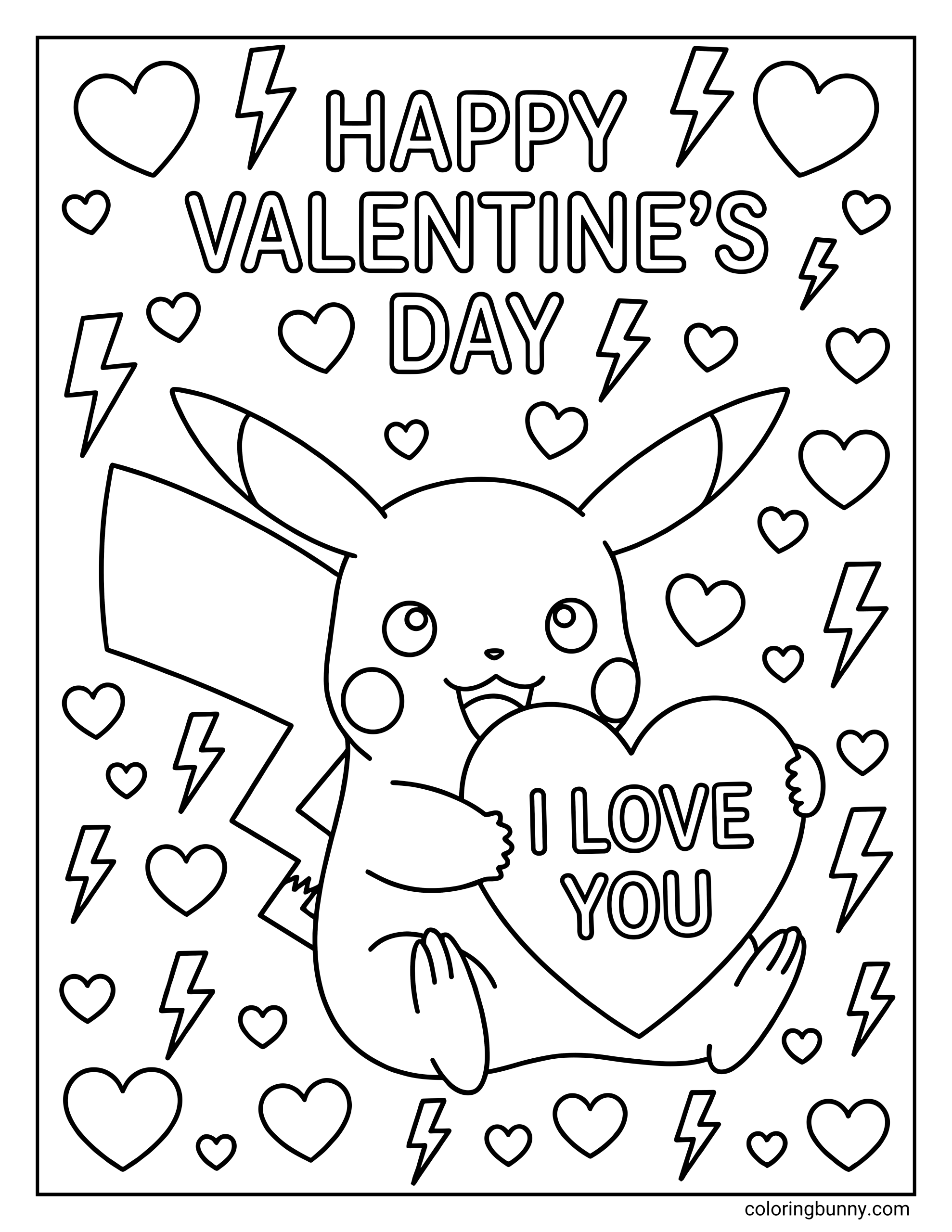A valentines coloring page of a happy Pikachu sitting and holding a large heart in its paws, surrounded by lightning bolt patterns and tiny floating hearts.