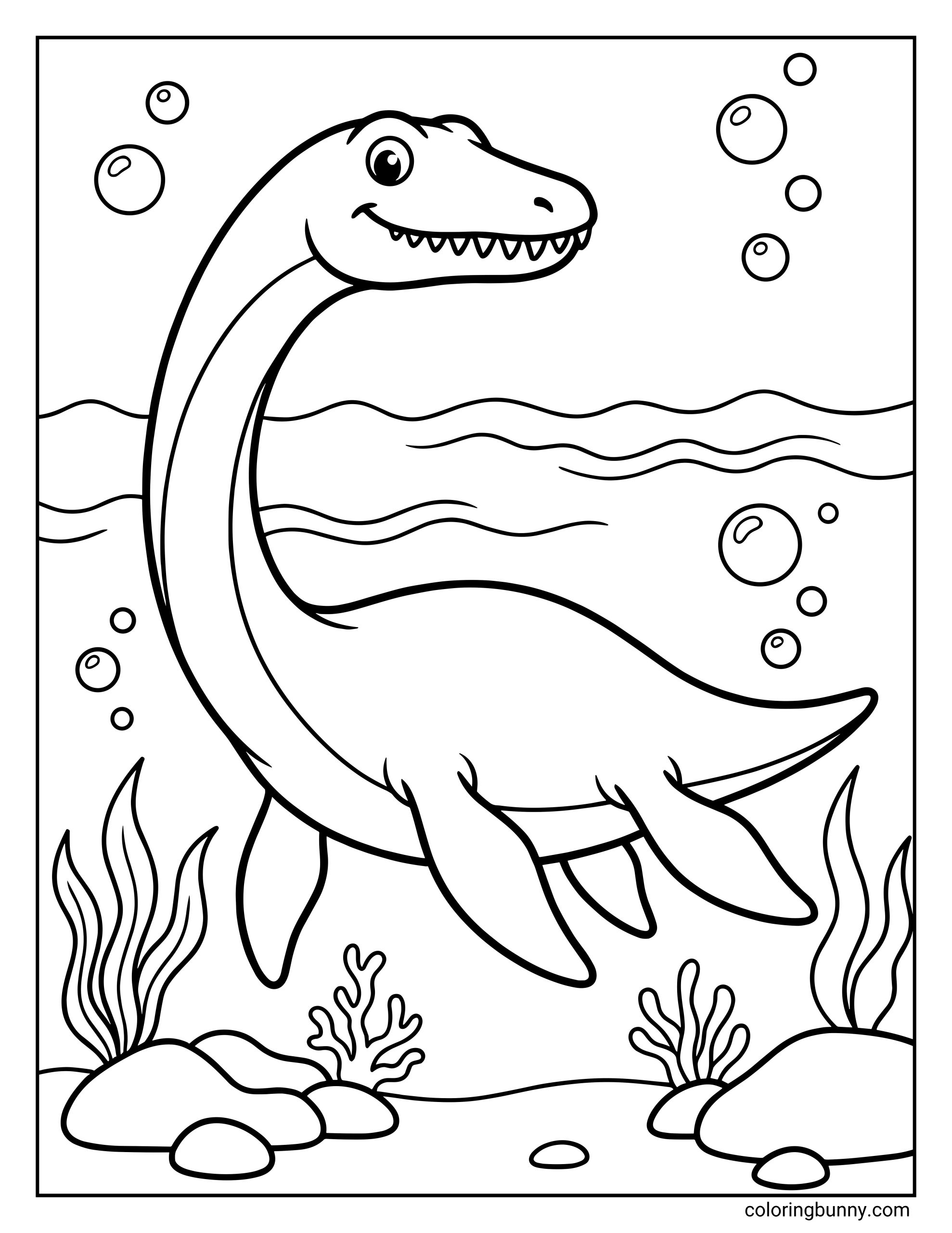 A Plesiosaurus coloring page showing a long-necked marine dinosaur swimming underwater with bubbles, sea plants, rocks, and gentle ocean waves in simple bold outlines.