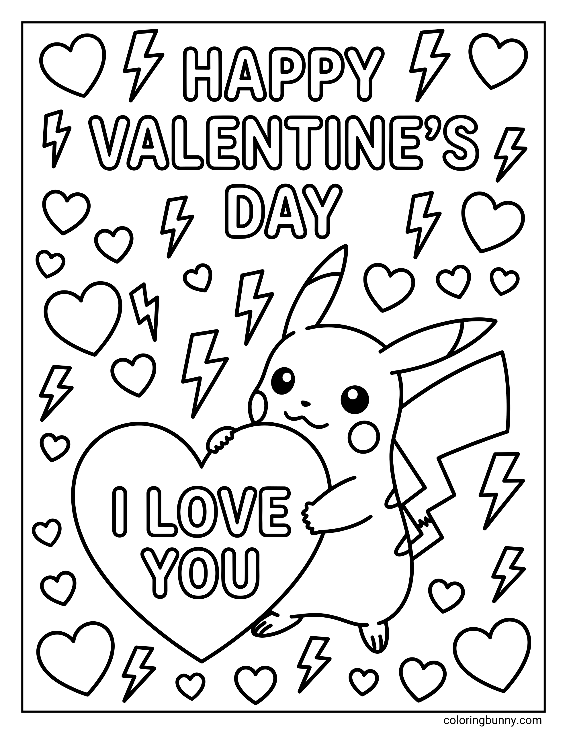 A Pokemon valentines coloring page of Pikachu holding a large heart that says 'I LOVE YOU,' surrounded by lightning bolts and hearts under the words 'HAPPY VALENTINE'S DAY'.