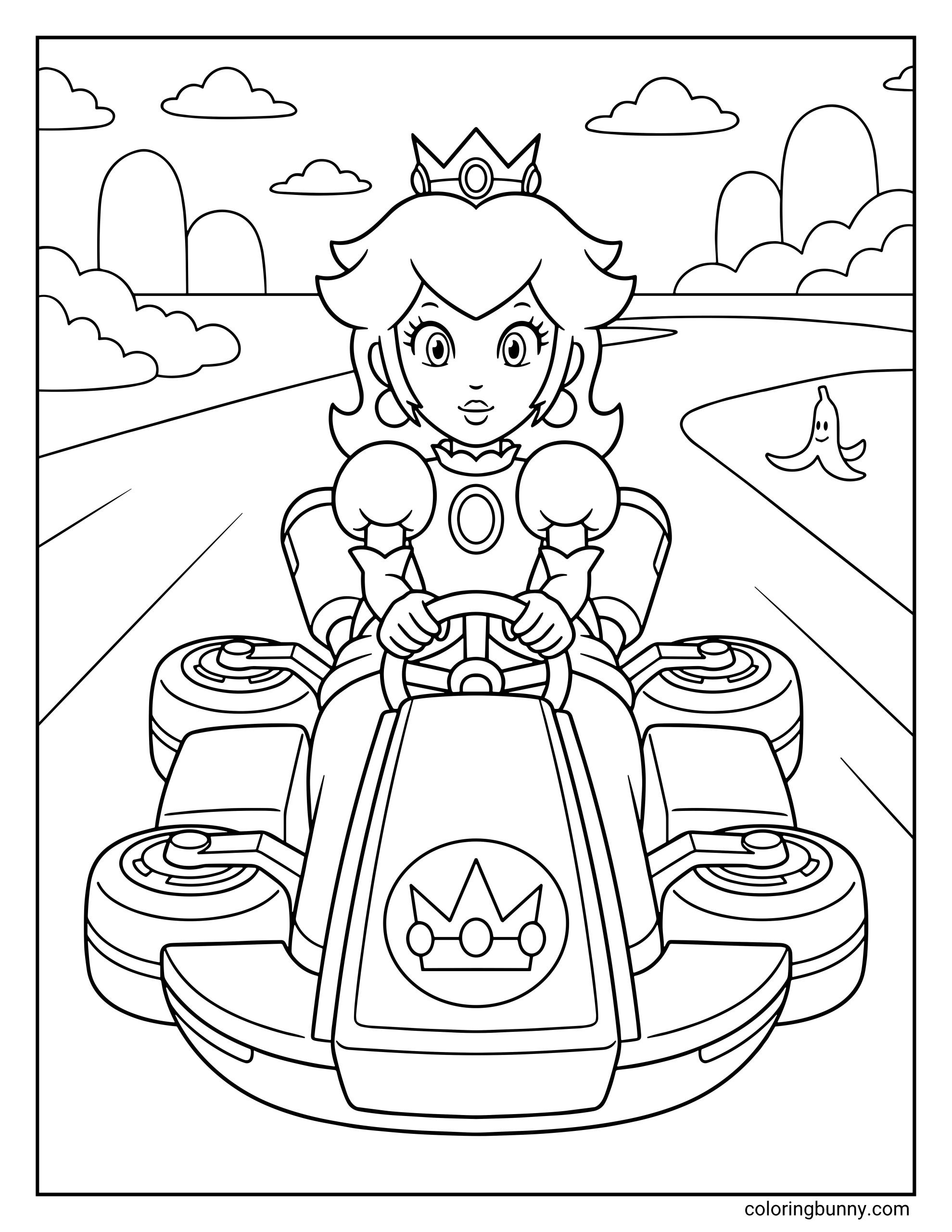 A coloring page of Princess Peach driving her signature kart down a race track with a Banana Skin item nearby. The page shows her wearing her crown and racing gloves under a sky with fluffy clouds.