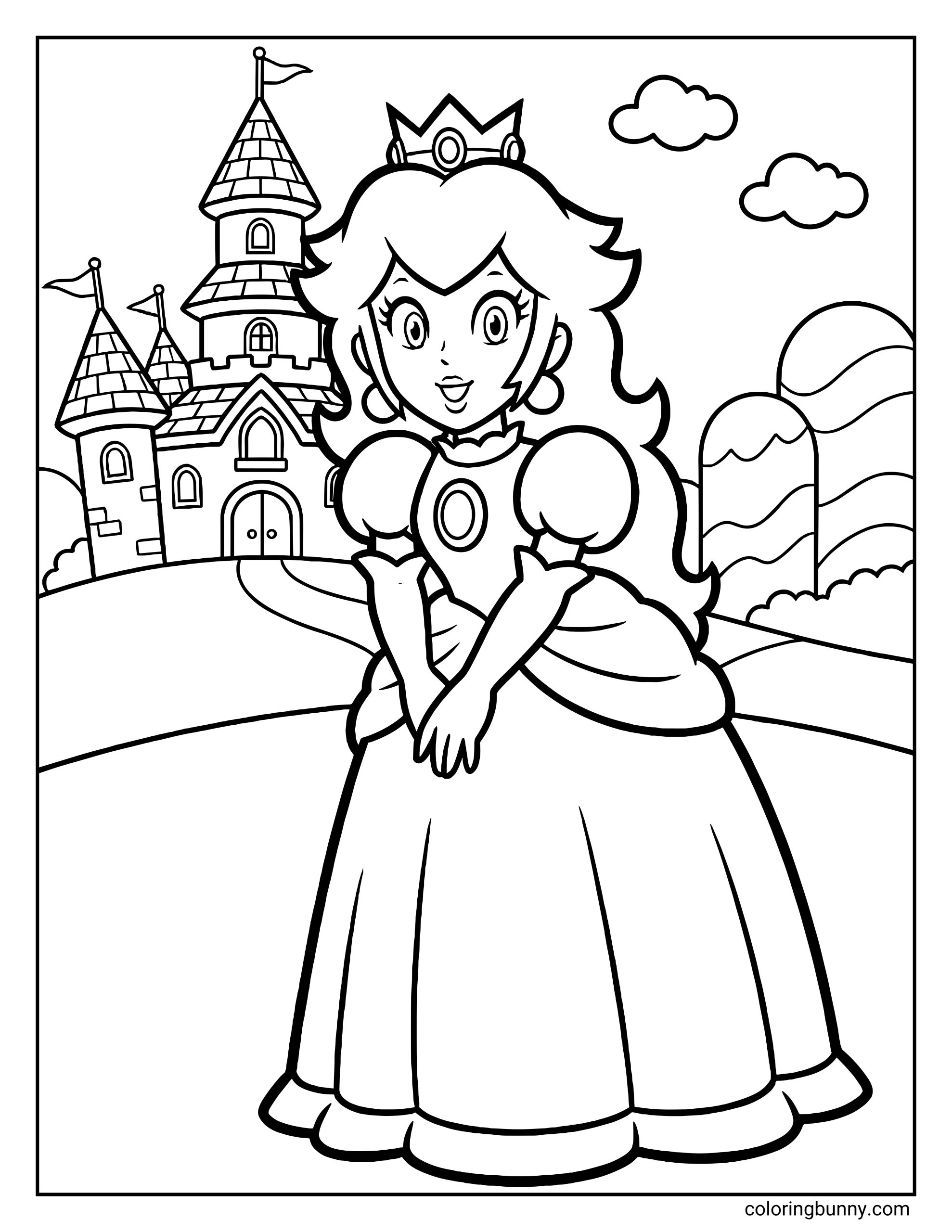 A Princess Peach coloring page from the Mario universe featuring Princess Peach standing gracefully in front of her castle in the Mushroom Kingdom. Peach wears her iconic crown and flowing gown, with her hands folded sweetly in front of her. The background includes castle towers, rolling hills, and fluffy clouds, all drawn with clean outlines that make the scene easy to color.