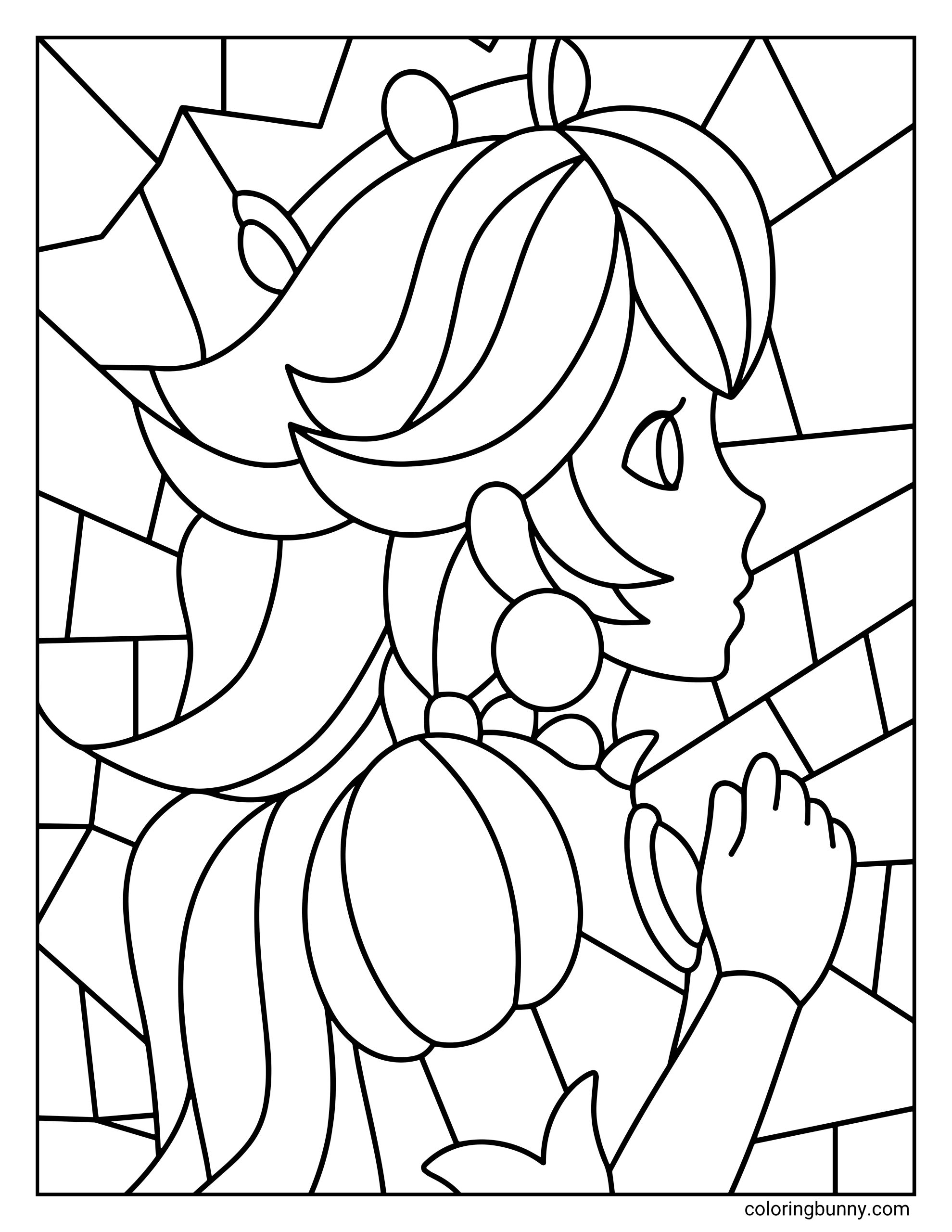 A coloring page of Princess Peach designed as a stained glass window. The image is composed of many geometric sections, creating a mosaic effect around the Princess.