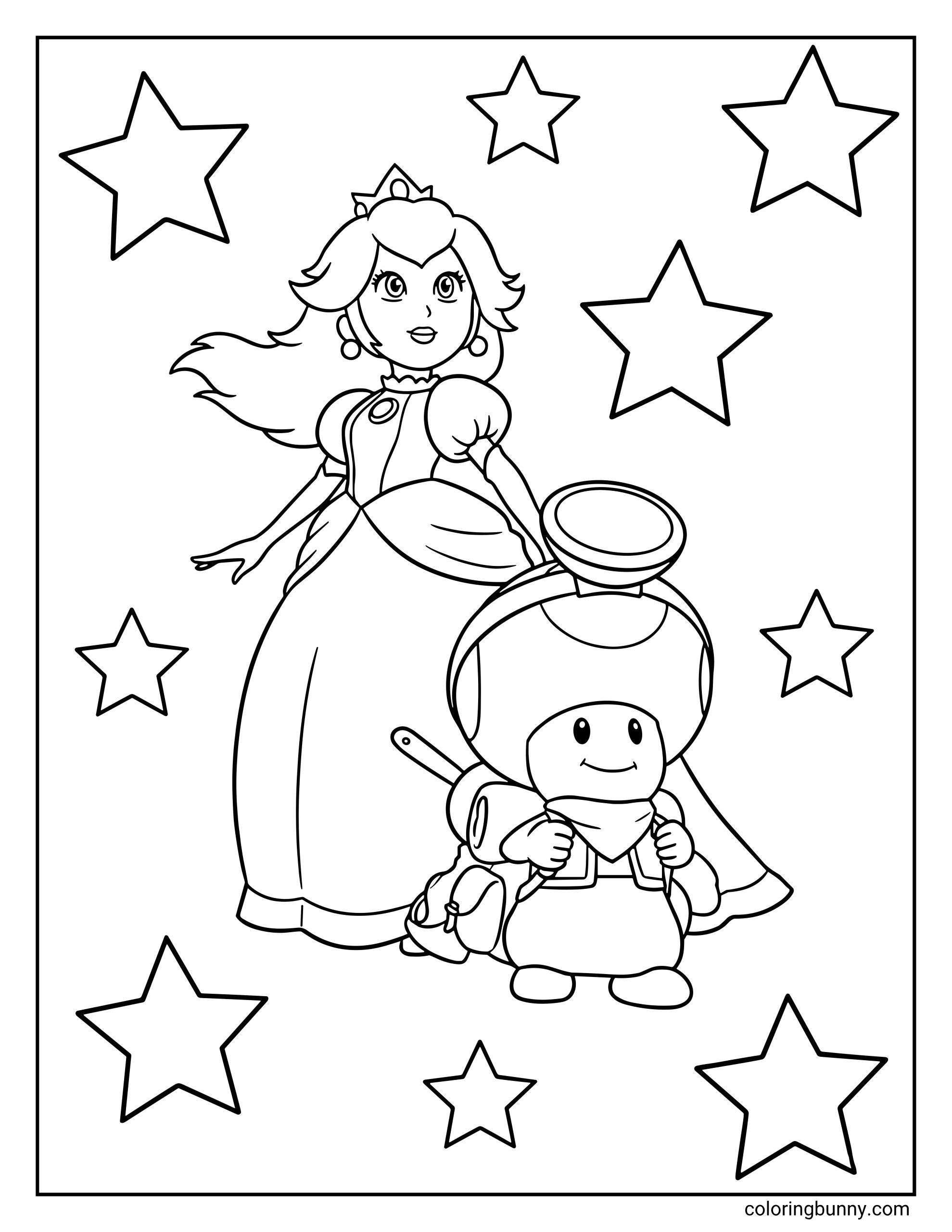 A coloring page featuring Princess Peach and Captain Toad surrounded by large stars. Princess Peach stands elegantly with her hair flowing, while Captain Toad stands in front of her, equipped with his signature explorer's backpack and headlamp.