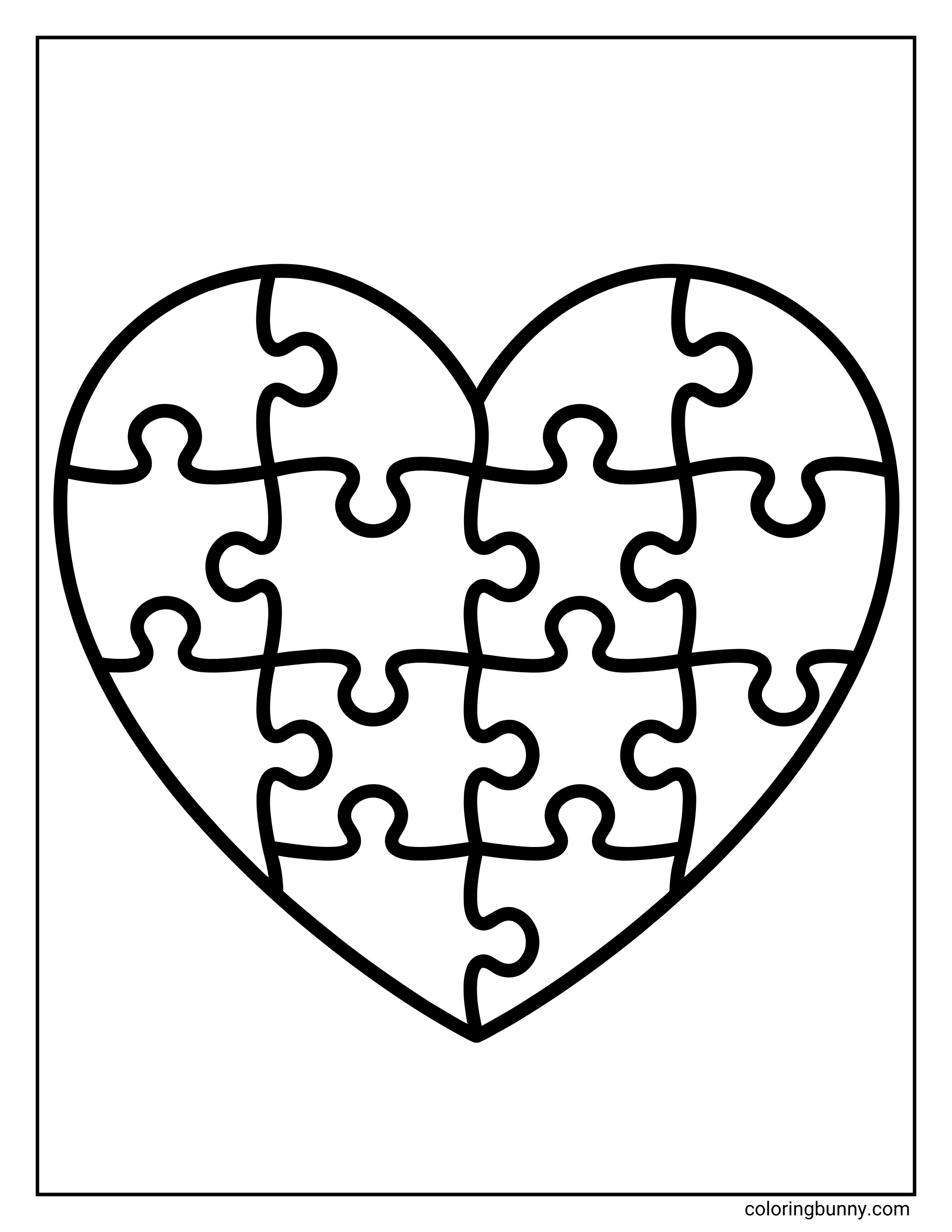 A simple heart coloring page featuring a large heart divided into interlocking puzzle piece shapes, outlined in thick black lines on a white background.